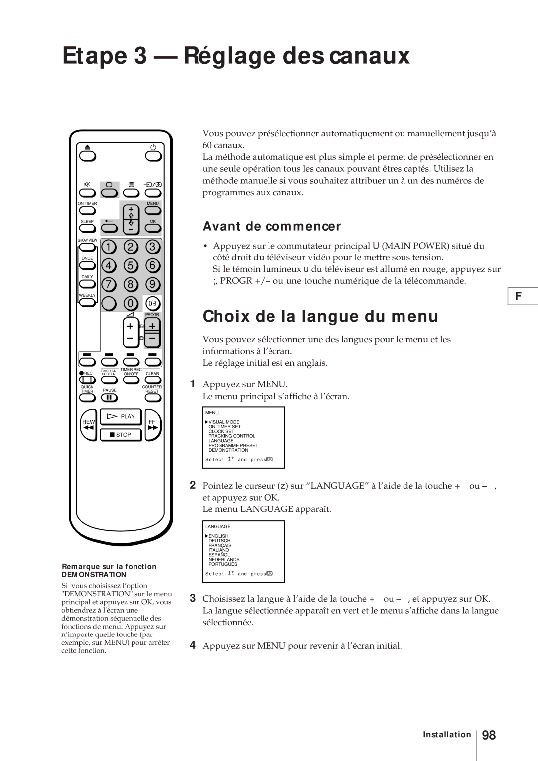 Sony KV-V2110D Etape 3 Réglage des canaux, Choix de la langue du menu, Avant de commencer, Remarque sur la fonction 