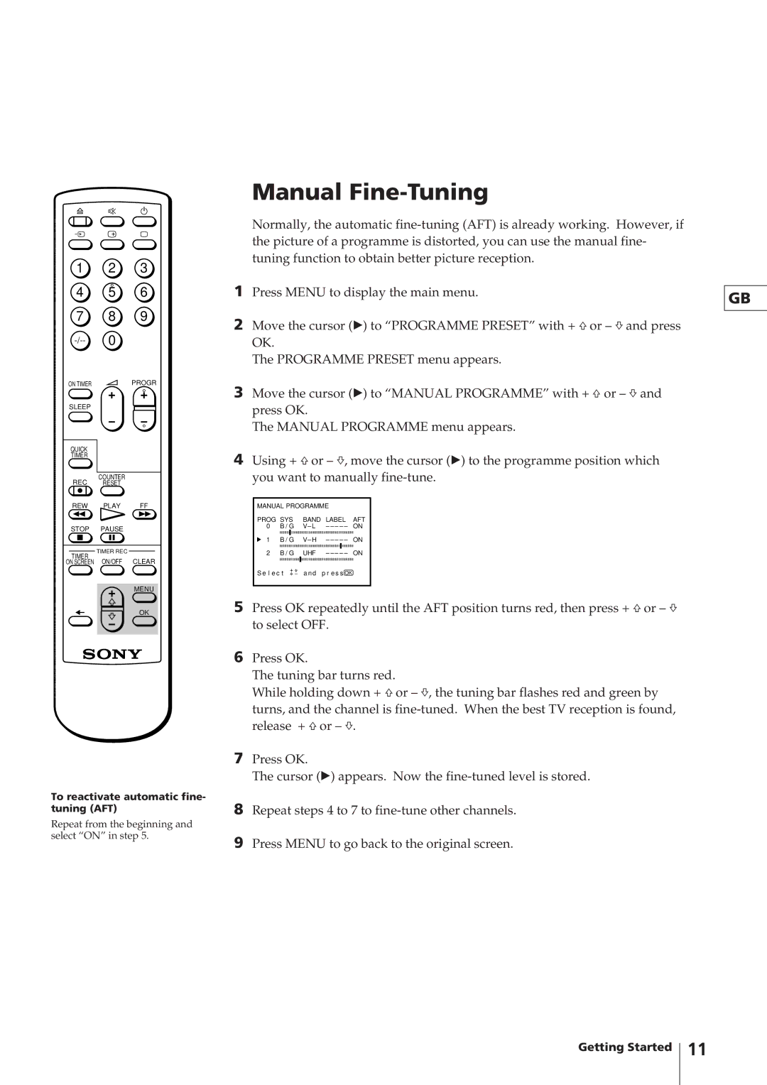 Sony KV-V1430K, KV-V2110K, KV-V2110P, KV-V1430P operating instructions To reactivate automatic fine- tuning AFT 