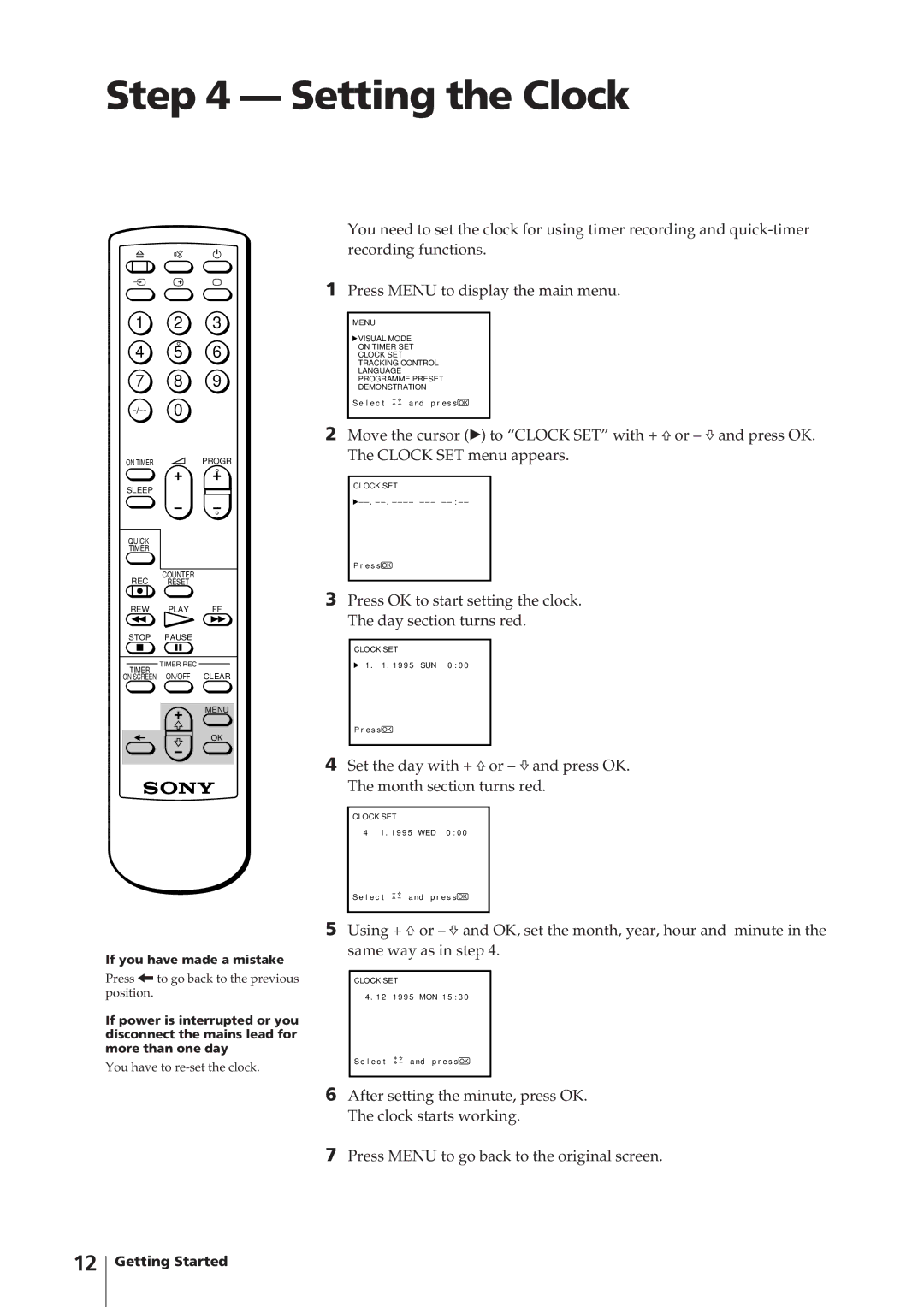 Sony KV-V2110K, KV-V2110P, KV-V1430P, KV-V1430K operating instructions Setting the Clock 