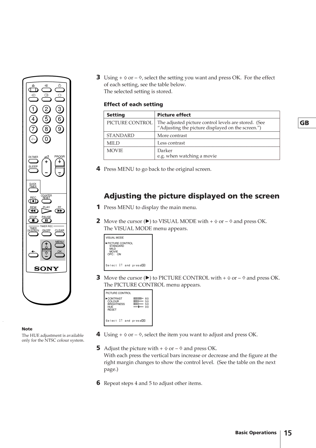 Sony KV-V1430K, KV-V2110K, KV-V2110P, KV-V1430P HUE adjustment is available only for the Ntsc colour system 