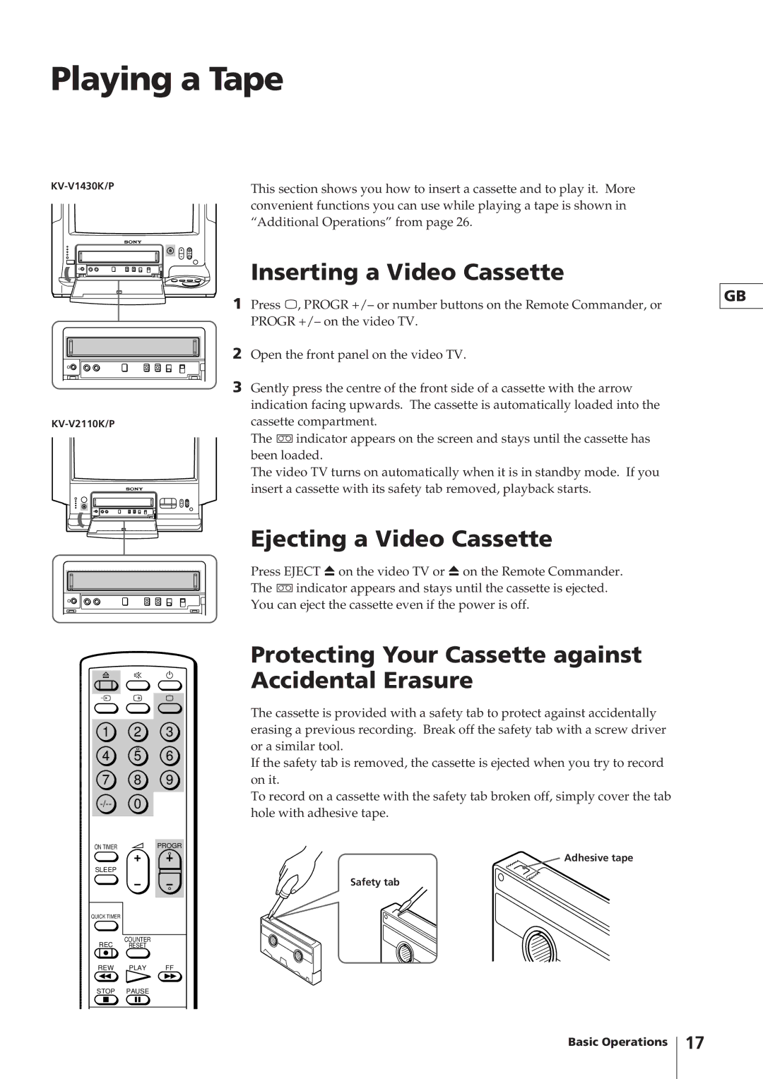 Sony KV-V2110P, KV-V2110K, KV-V1430P, KV-V1430K Playing a Tape, Inserting a Video Cassette, Ejecting a Video Cassette 