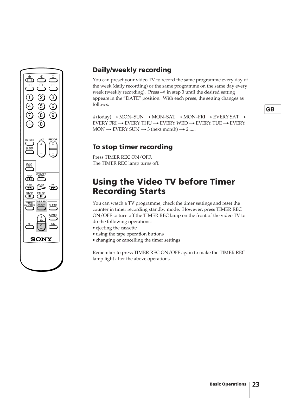 Sony KV-V1430K Using the Video TV before Timer Recording Starts, Daily/weekly recording, To stop timer recording 