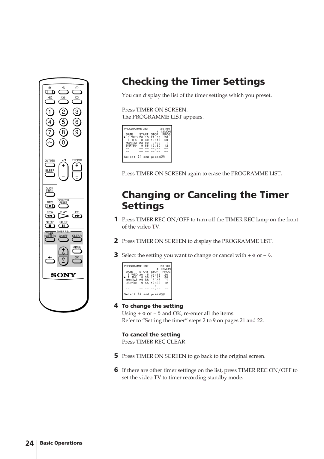 Sony KV-V2110K, KV-V2110P, KV-V1430P, KV-V1430K Checking the Timer Settings, Changing or Canceling the Timer Settings 