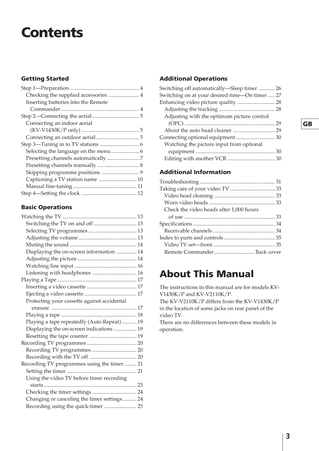 Sony KV-V1430K, KV-V2110K, KV-V2110P, KV-V1430P operating instructions Contents 