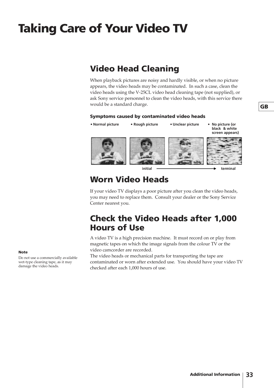 Sony KV-V2110P, KV-V2110K, KV-V1430P, KV-V1430K Taking Care of Your Video TV, Video Head Cleaning, Worn Video Heads 