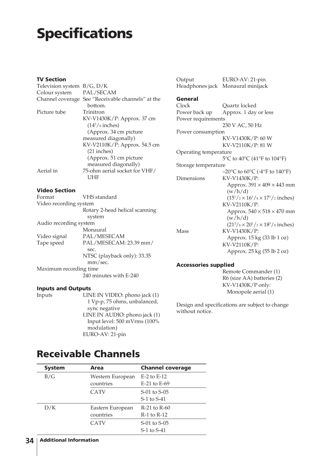 Sony KV-V1430P, KV-V2110K, KV-V2110P, KV-V1430K operating instructions Specifications, Receivable Channels 