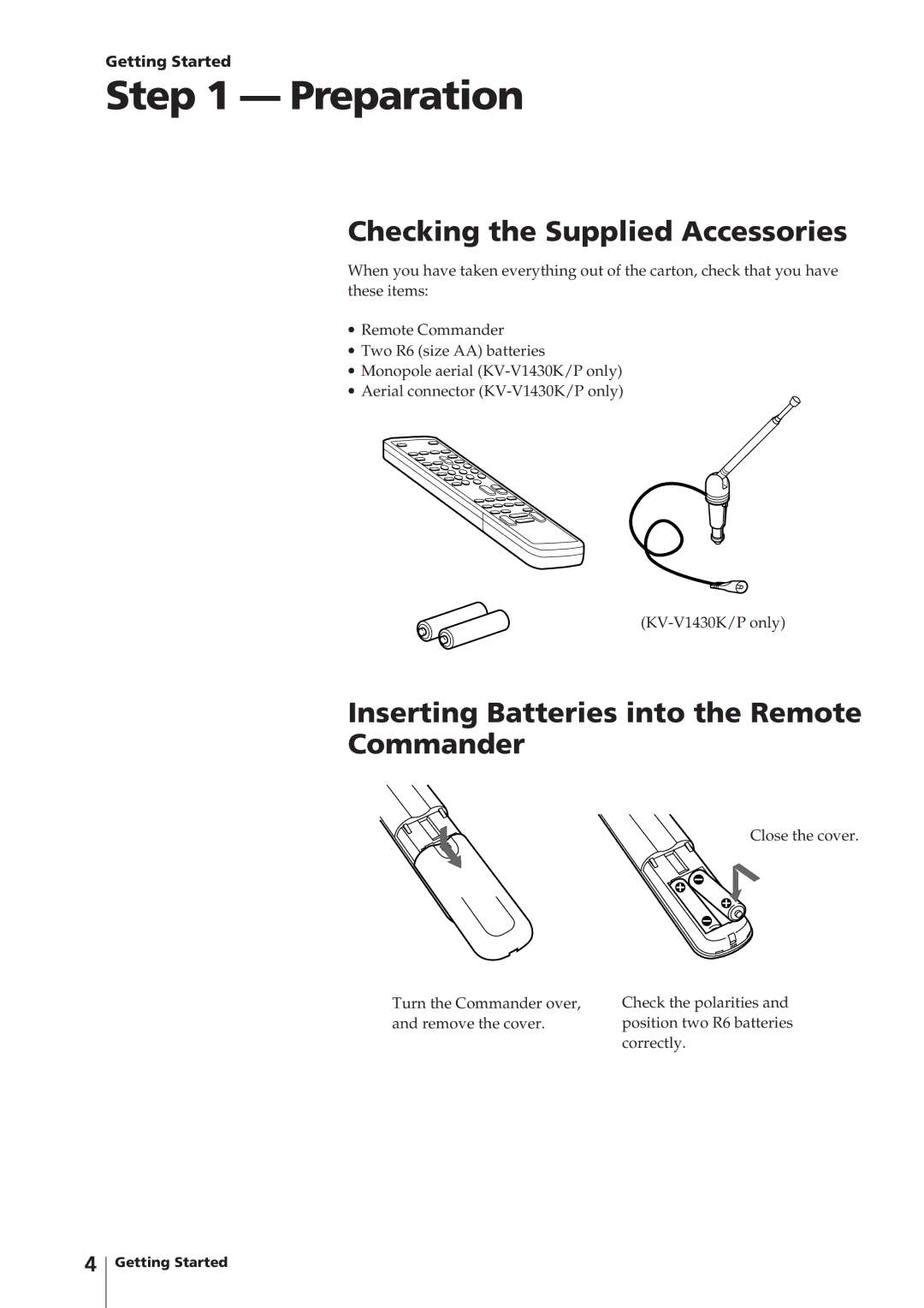 Sony KV-V2110K, KV-V2110P Preparation, Checking the Supplied Accessories, Inserting Batteries into the Remote Commander 