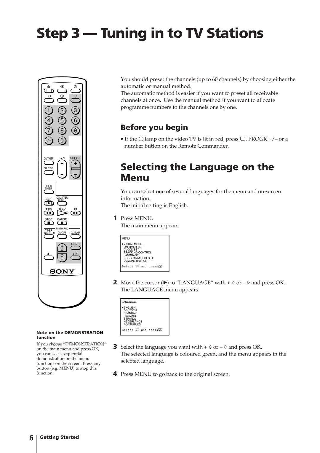 Sony KV-V1430P, KV-V2110K, KV-V2110P Tuning in to TV Stations, Selecting the Language on the Menu, Before you begin 