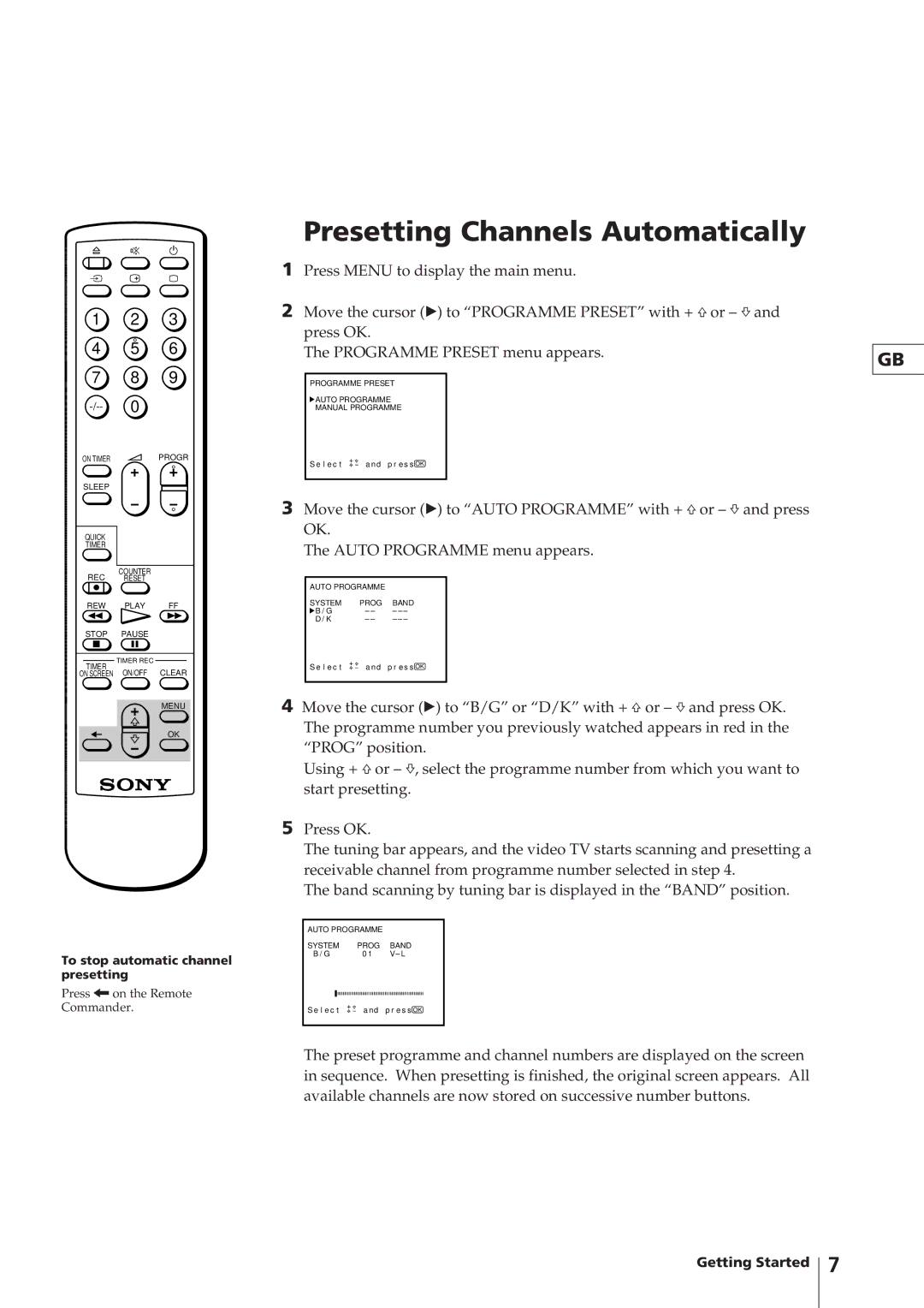 Sony KV-V1430K, KV-V2110K, KV-V2110P, KV-V1430P operating instructions Presetting Channels Automatically 