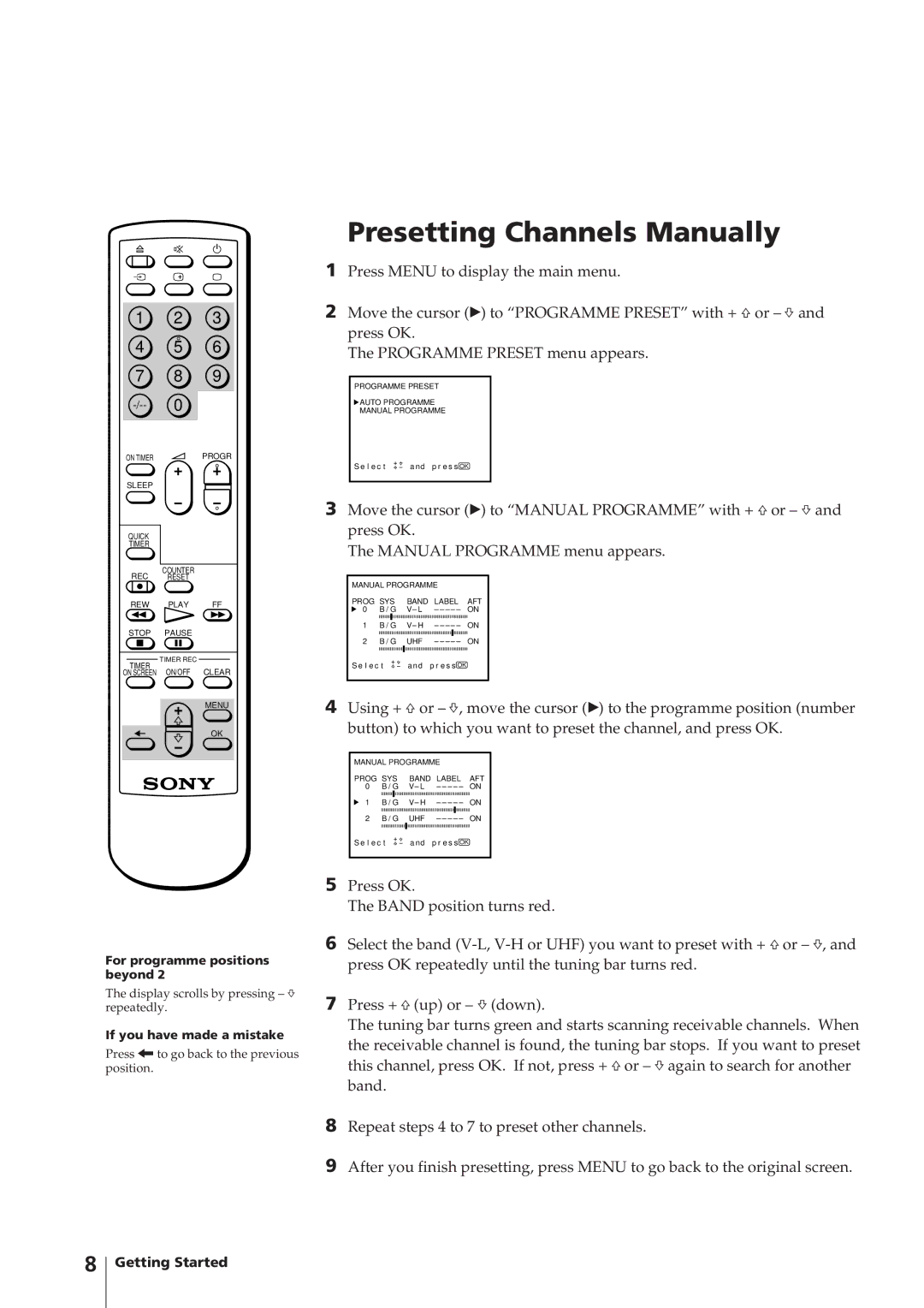 Sony KV-V2110K, KV-V2110P, KV-V1430P, KV-V1430K operating instructions For programme positions beyond 