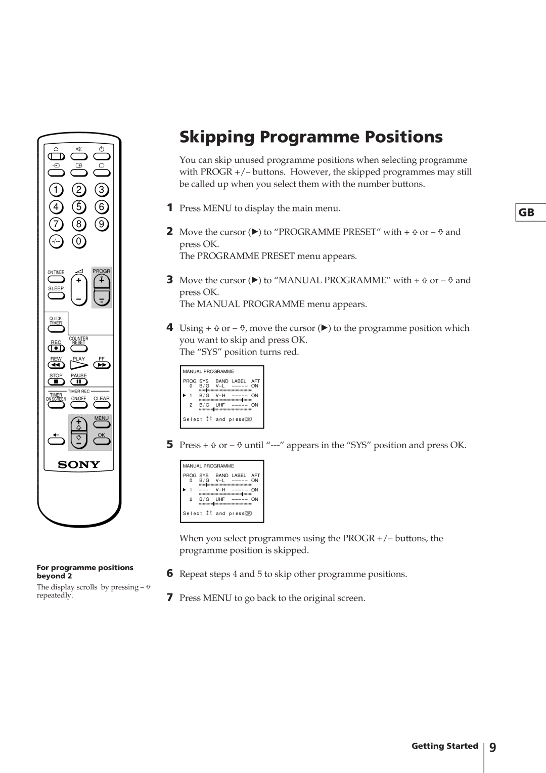 Sony KV-V2110P, KV-V2110K, KV-V1430P, KV-V1430K operating instructions Manual Programme SYS Band Label AFT UHF 