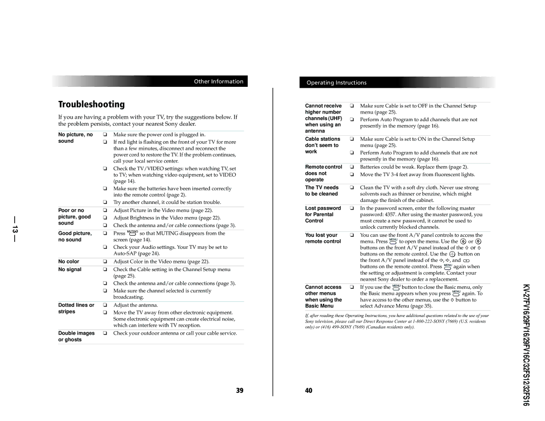 Sony KV27FV16 service manual Troubleshooting 