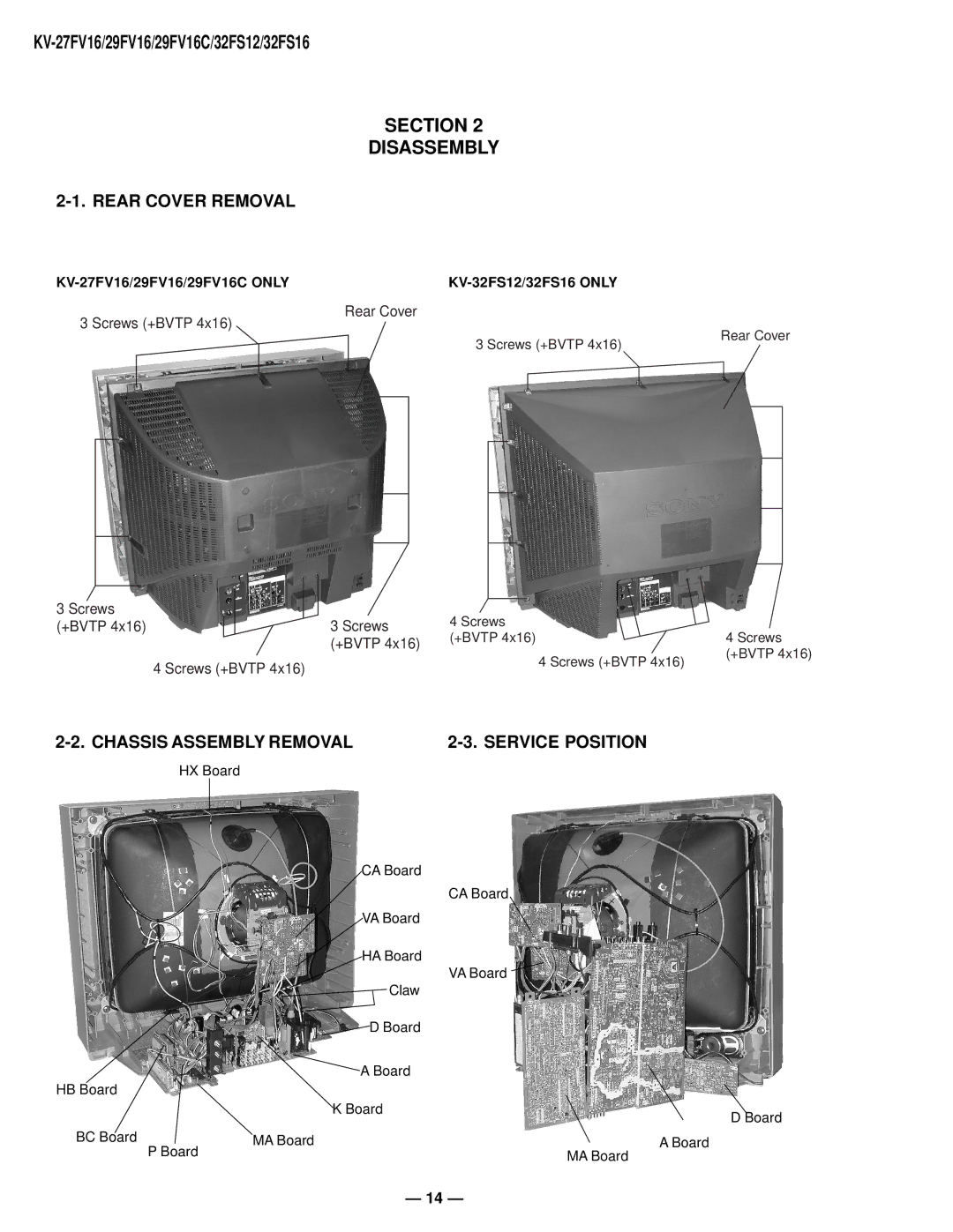 Sony KV27FV16 service manual Section Disassembly, Rear Cover Removal, Chassis Assembly Removal Service Position 