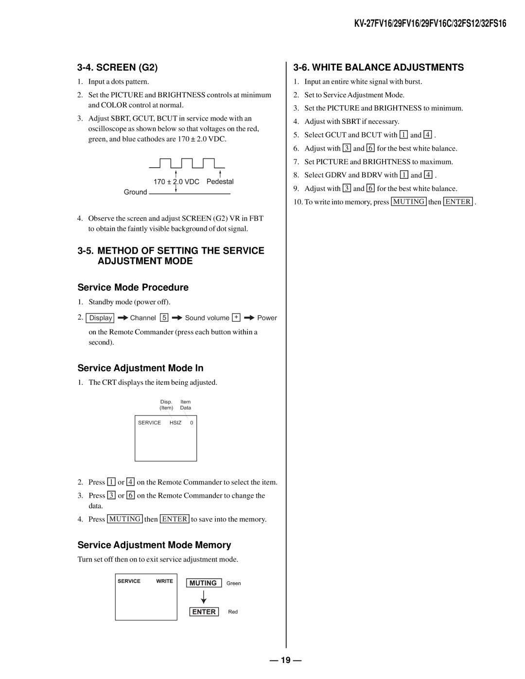 Sony KV27FV16 service manual Method of Setting the Service Adjustment Mode, White Balance Adjustments 