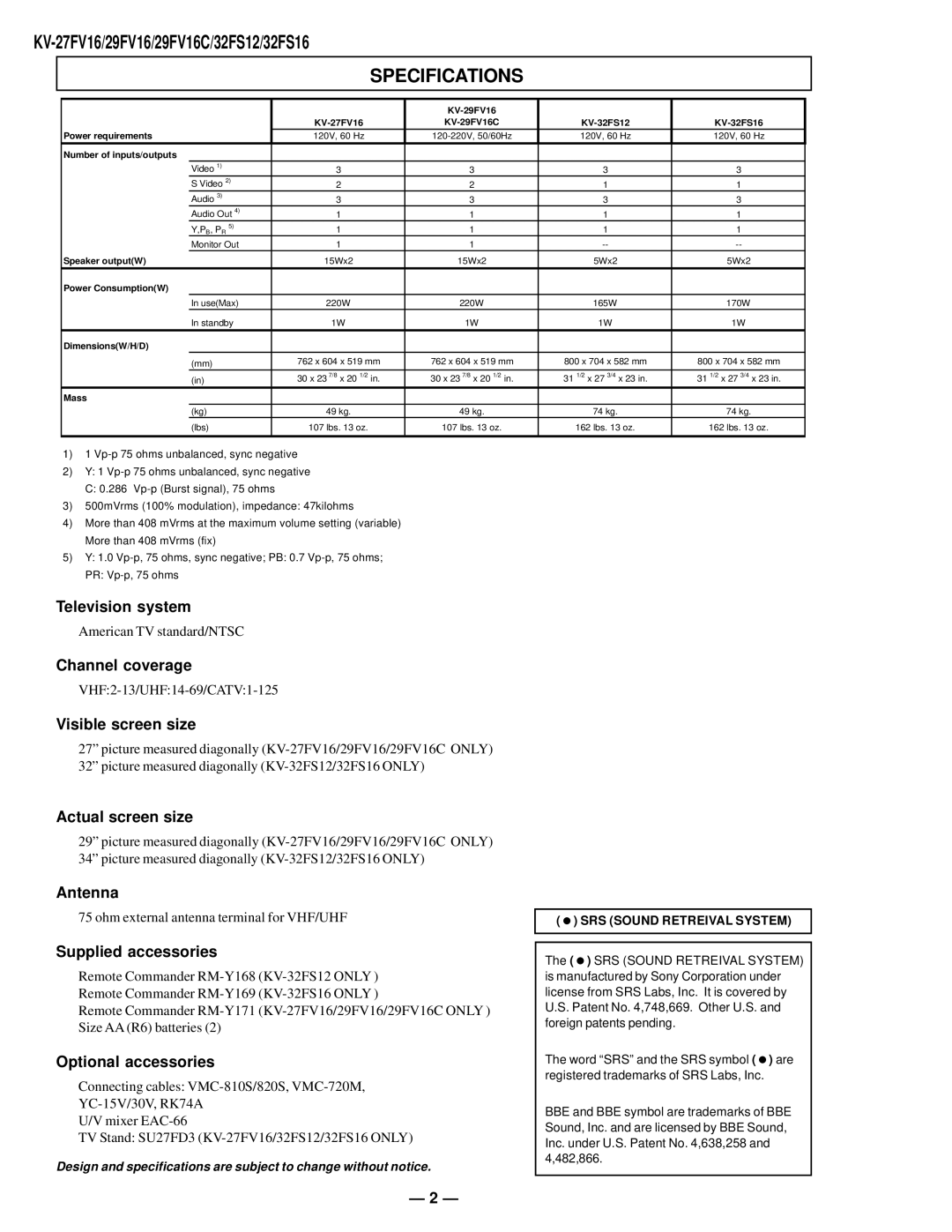 Sony KV27FV16 service manual Specifications, = SRS Sound Retreival System 