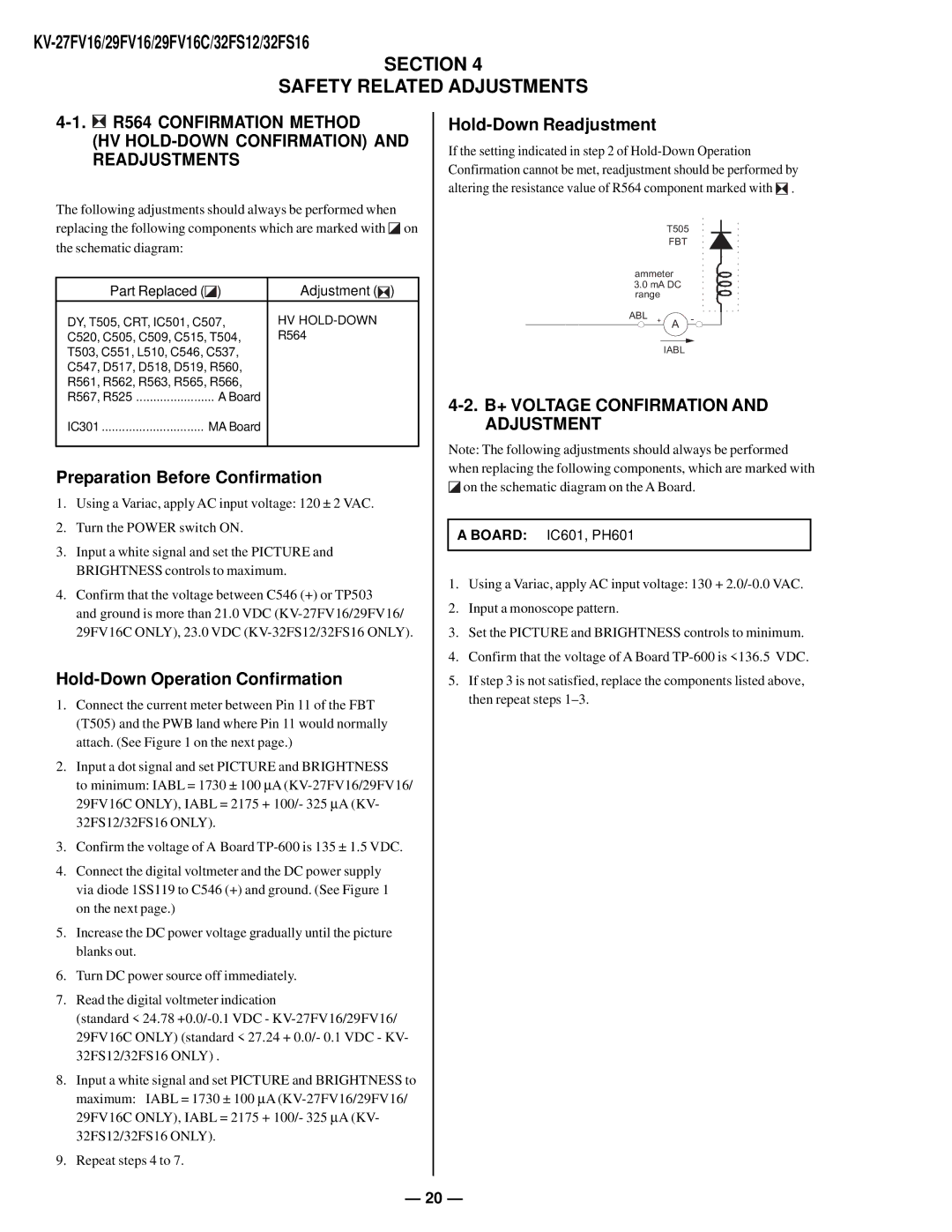 Sony KV27FV16 Section Safety Related Adjustments, Preparation Before Confirmation, Hold-Down Operation Confirmation 