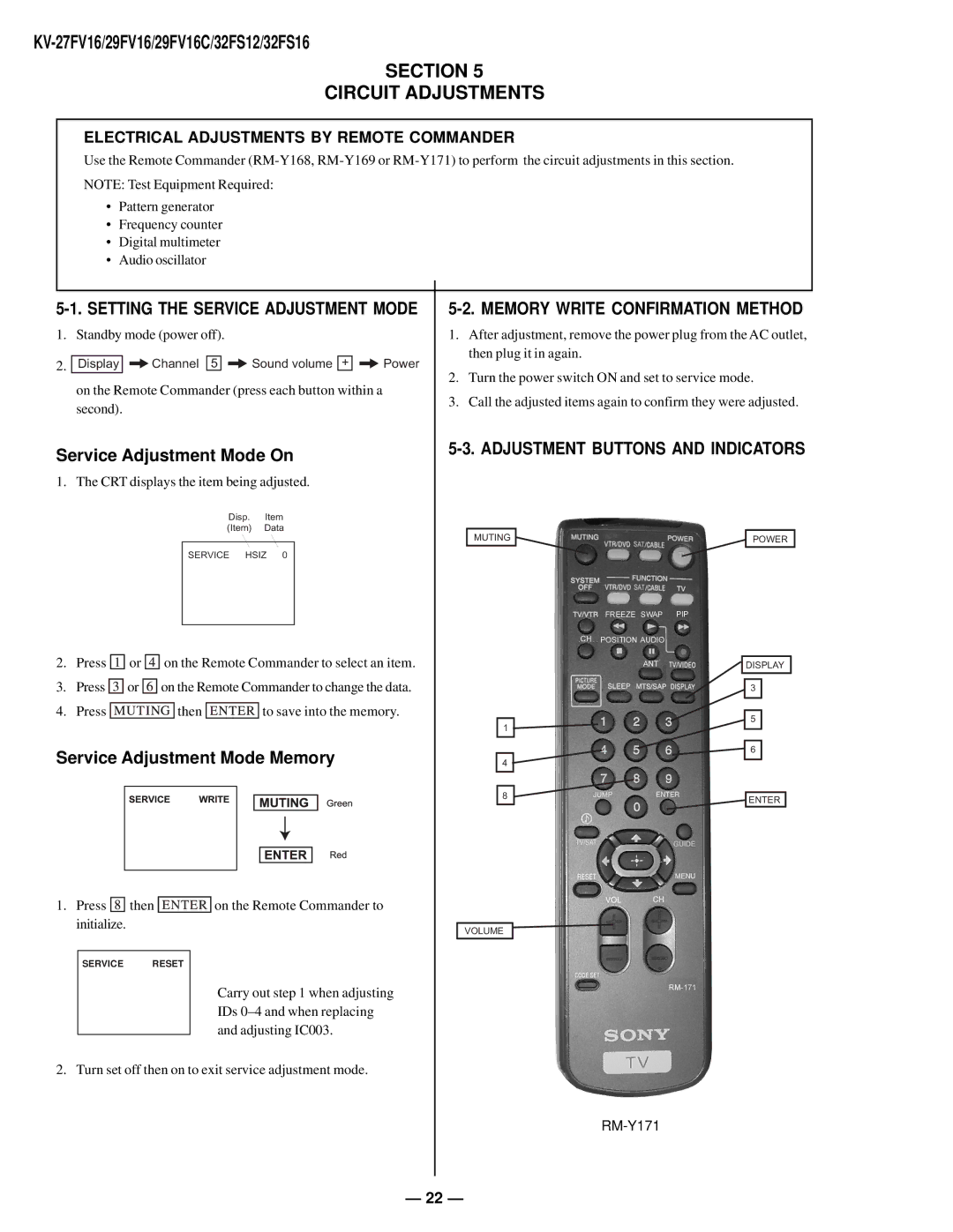 Sony KV27FV16 service manual Section Circuit Adjustments, Service Adjustment Mode On, Memory Write Confirmation Method 