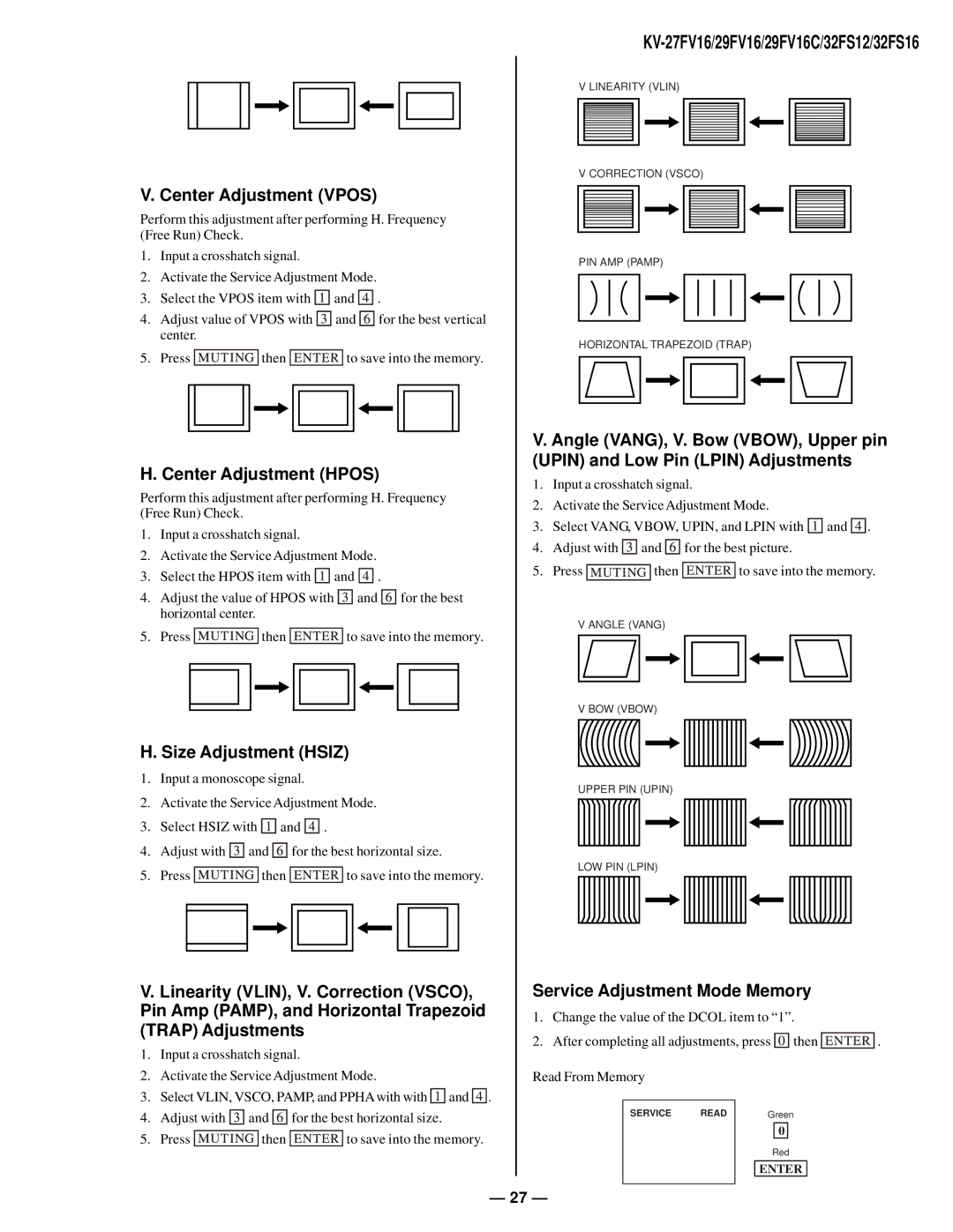 Sony KV27FV16 Center Adjustment Vpos, Center Adjustment Hpos, Size Adjustment Hsiz, KV-27FV16/29FV16/29FV16C/32FS12/32FS16 