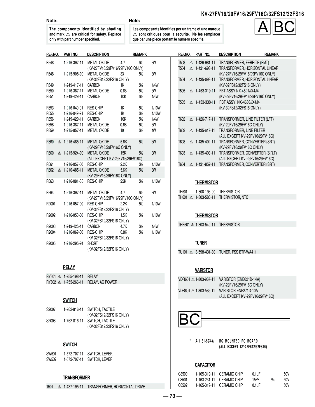 Sony KV27FV16 service manual Relay, Switch, Transformer, Thermistor, Tuner, Varistor 