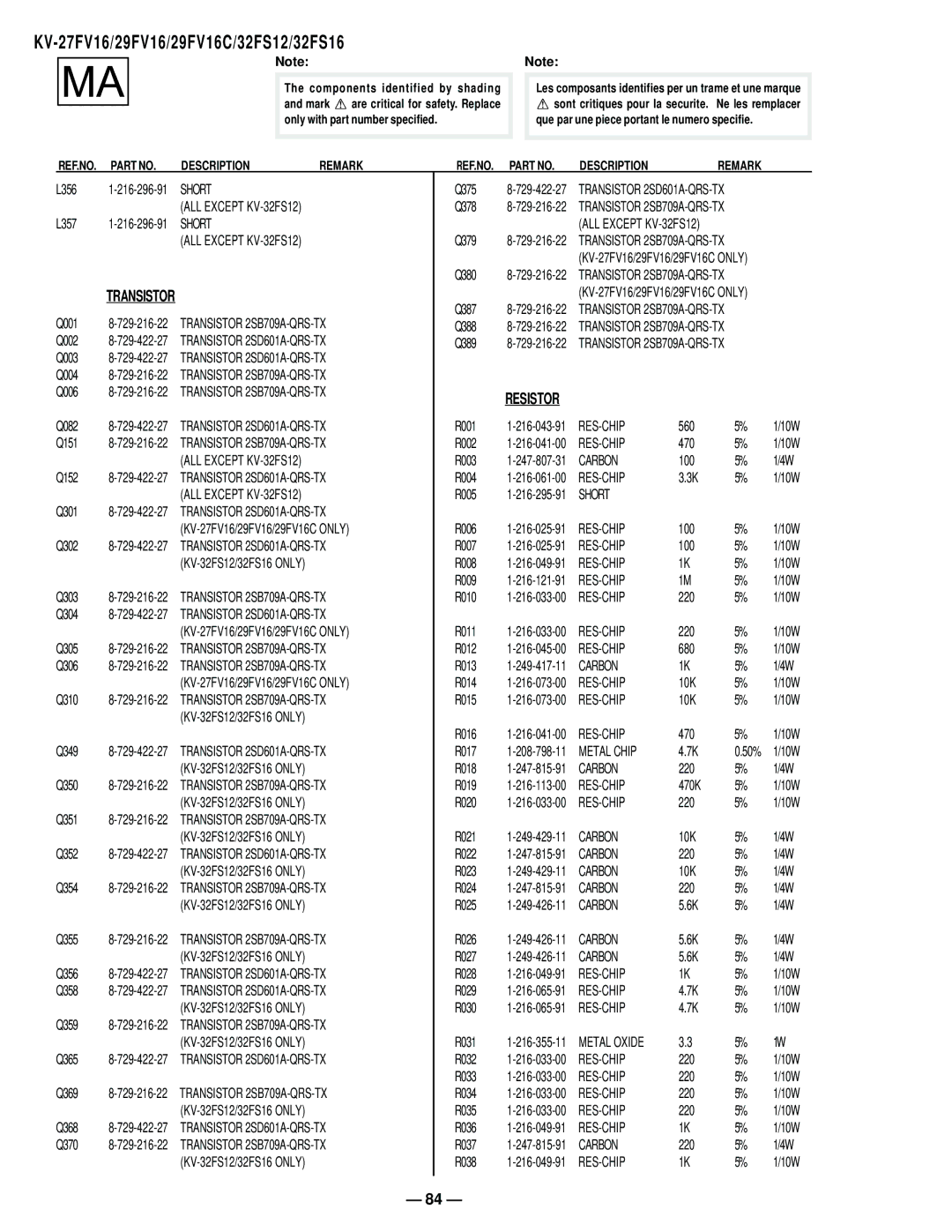 Sony KV27FV16 service manual L356 1-216-296-91 Short 