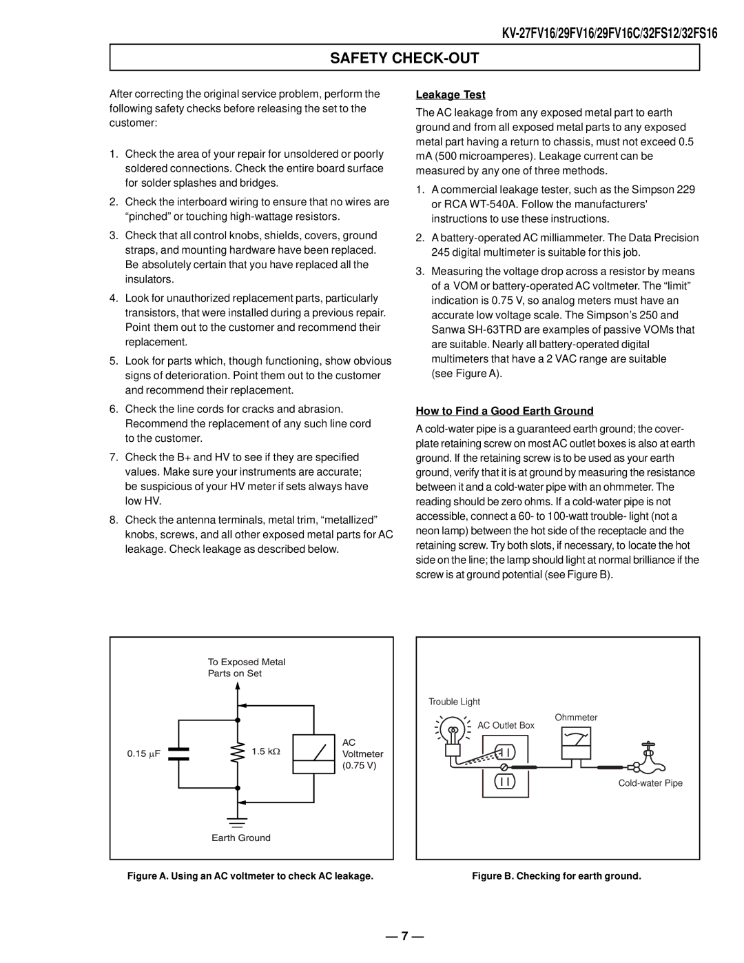 Sony KV27FV16 service manual Safety CHECK-OUT, Leakage Test 