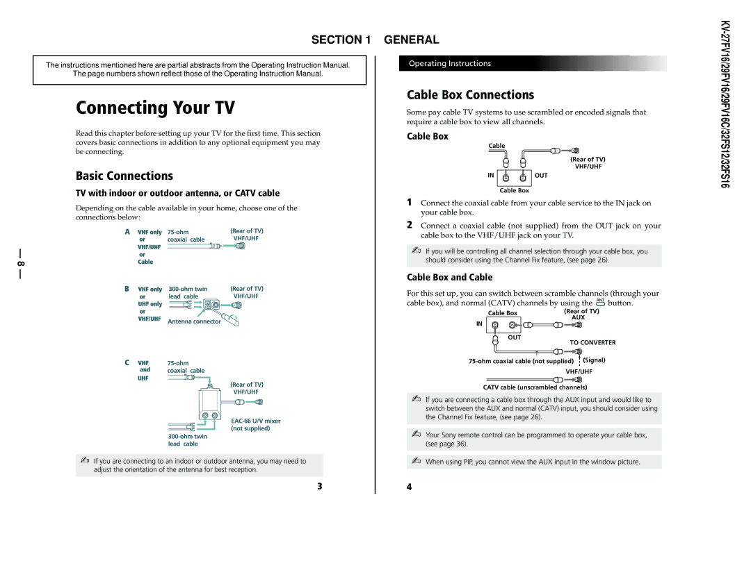 Sony KV27FV16 service manual Connecting Your TV, General 