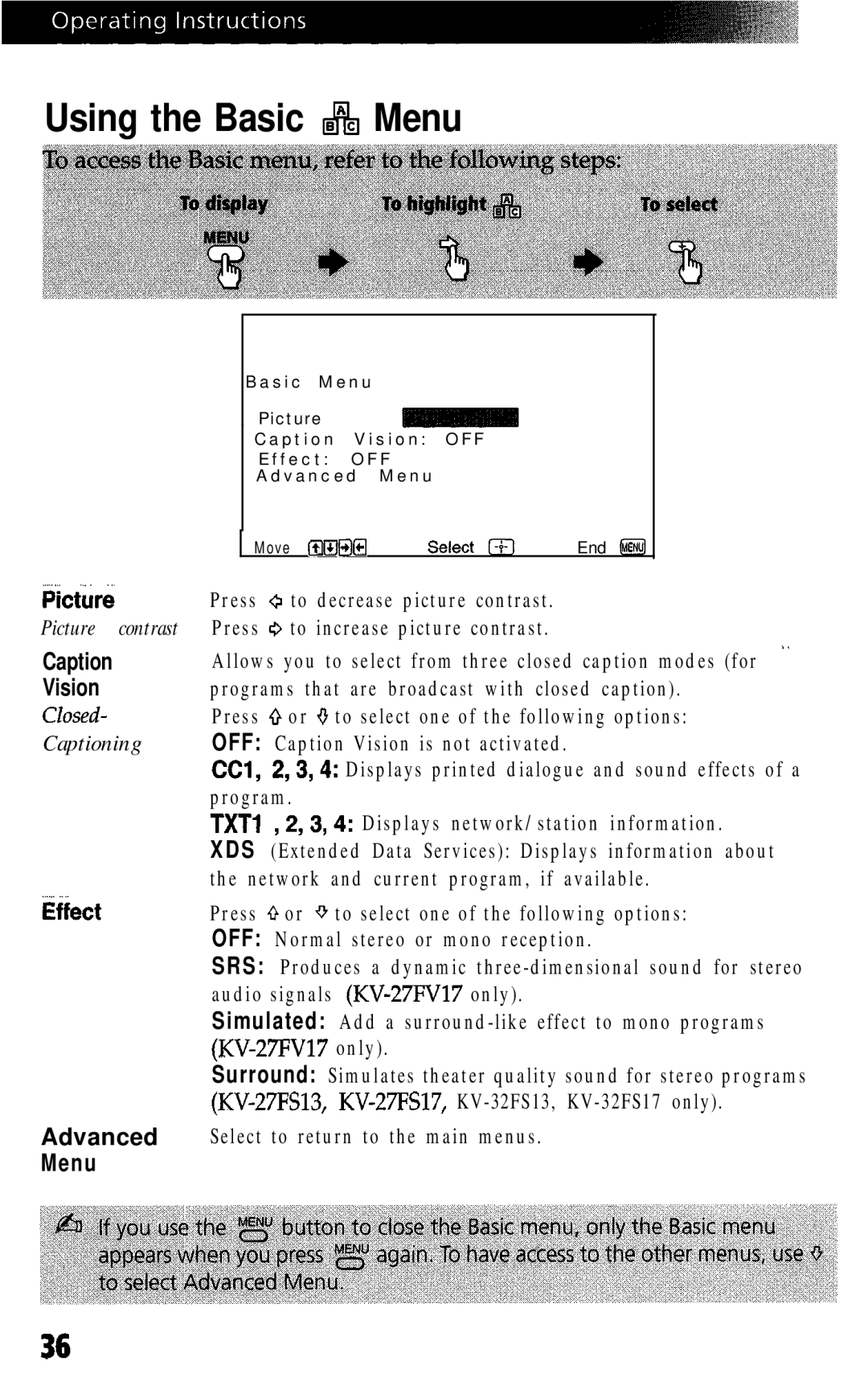 Sony KV-27FS13, KW27FS17, KV 32FS13, KV-32FSI 7, KV-27FVL7 manual Using the Basic &I Menu 