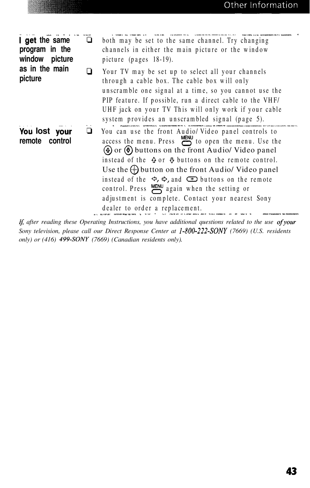 Sony KV 32FS13, KW27FS17, KV-32FSI 7, KV-27FVL7, KV-27FS13 manual Same, Picture, As in the main, Control, Remote 