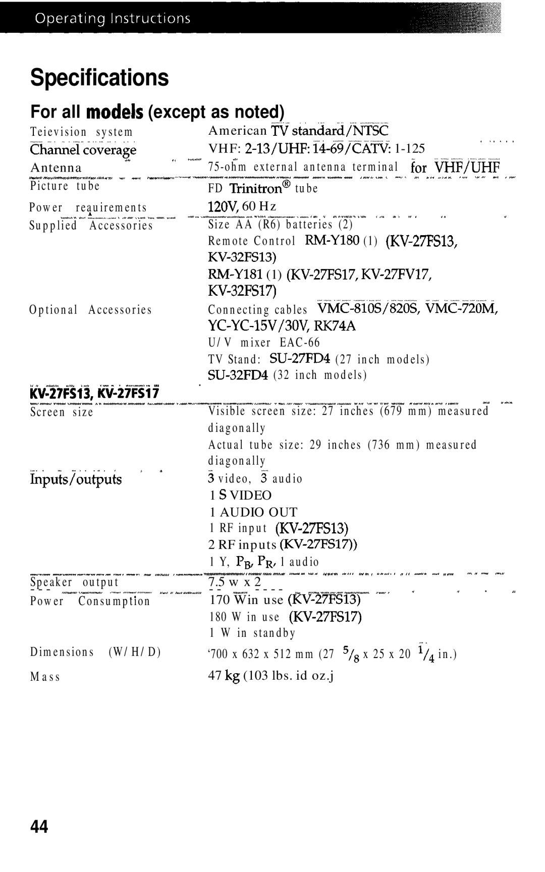 Sony KV-32FSI 7, KW27FS17, KV 32FS13 Specifications, For all models except as noted, Inputsiou+uls, KV-27FS13, KV-27FS17 