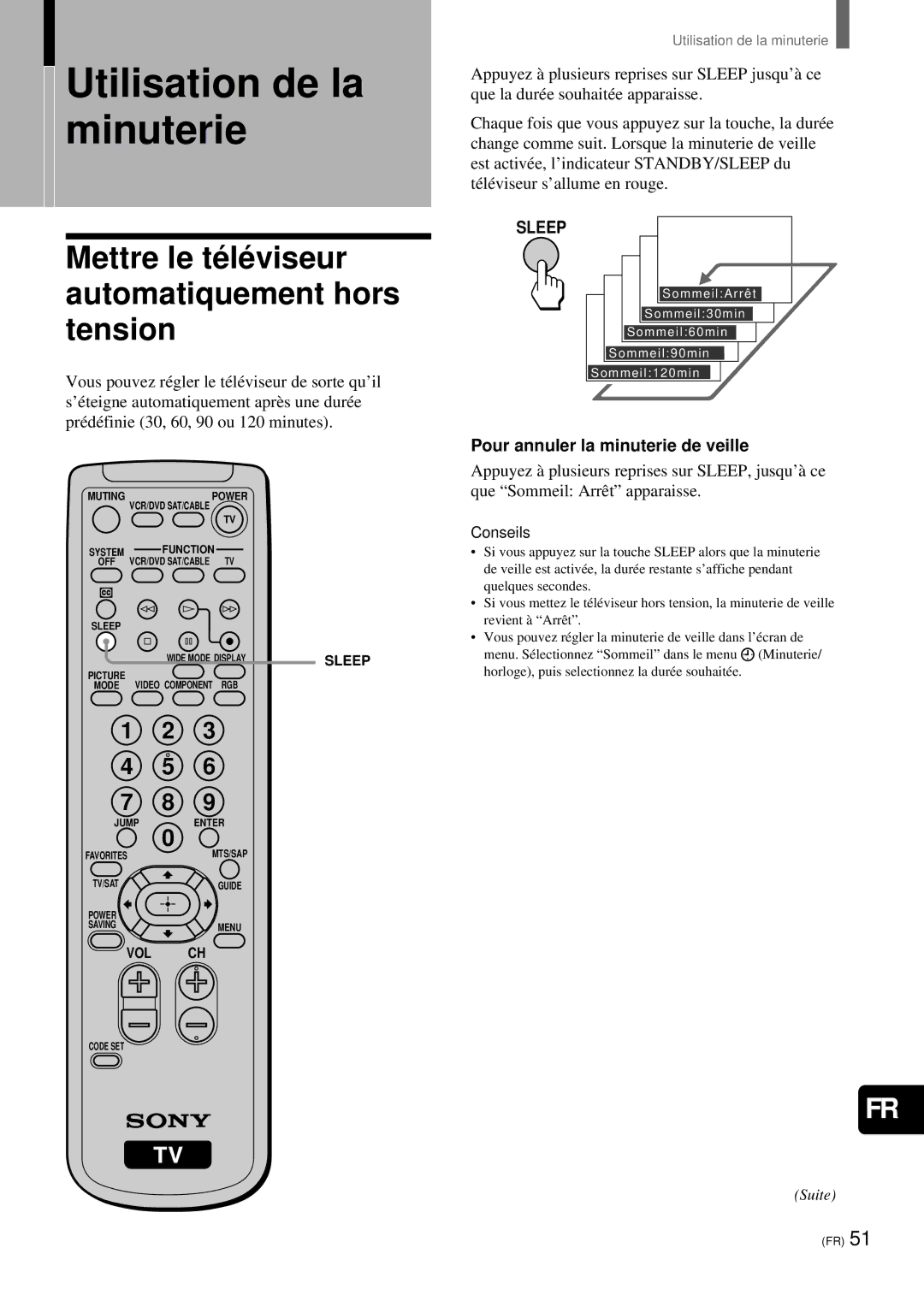 Sony KZ-32TS1, KZ 42TS1 manual Mettre le té lé viseur automatiquement hors tension, Pour annuler la minuterie de veille 