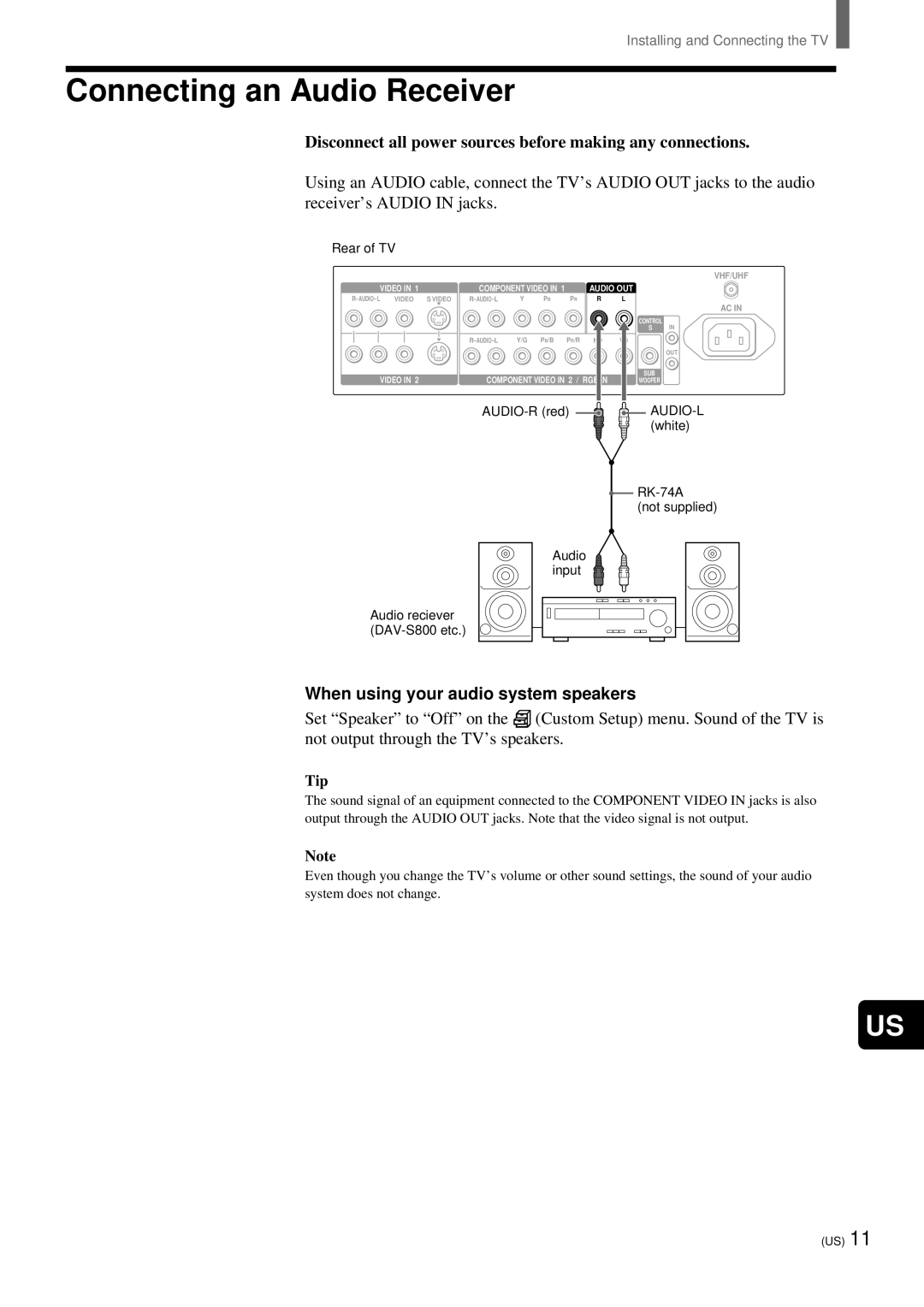 Sony KZ-32TS1, KZ 42TS1 manual Connecting an Audio Receiver, When using your audio system speakers 