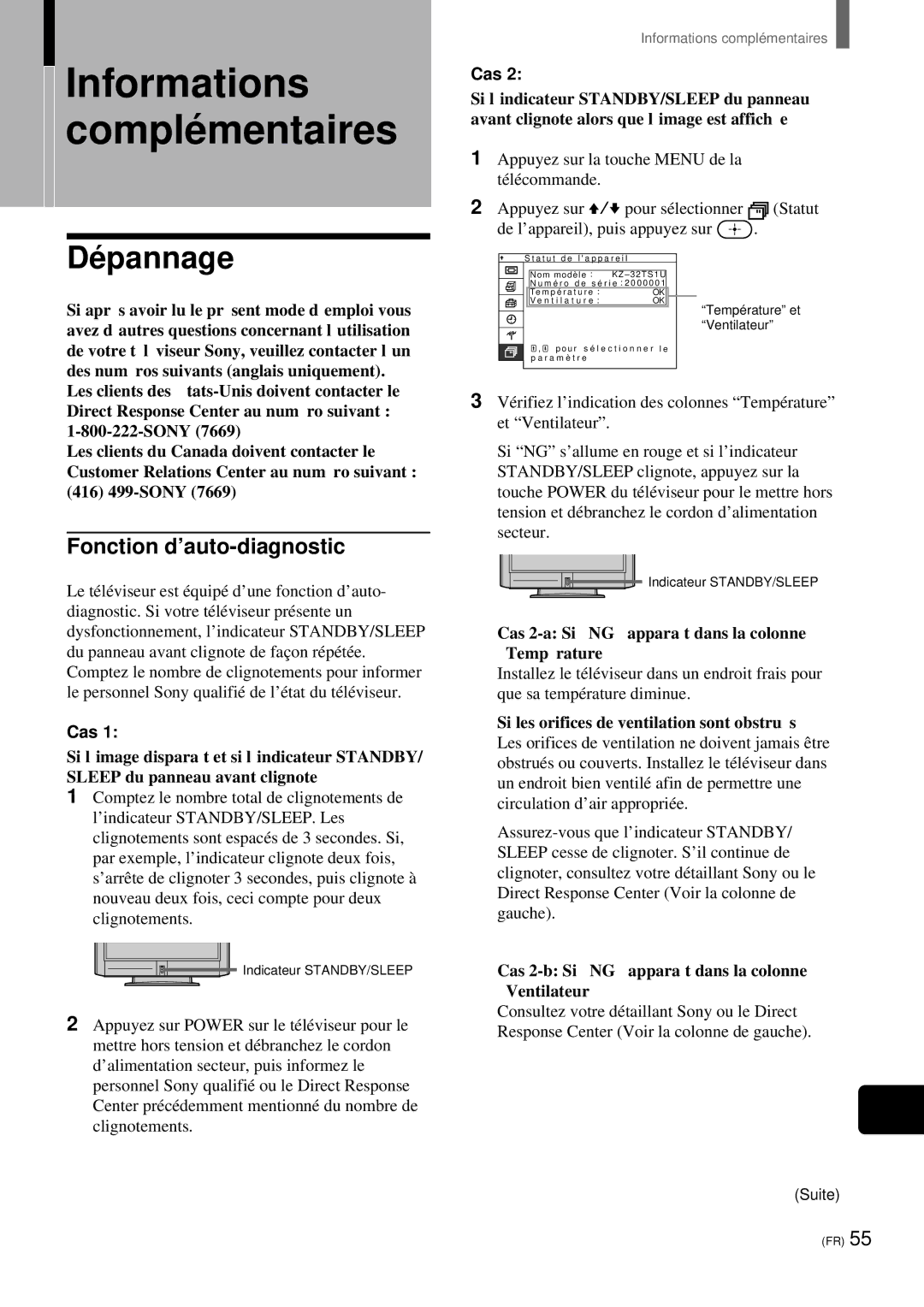 Sony KZ-32TS1, KZ 42TS1 manual Dé pannage, Fonction d’auto-diagnostic, Cas 