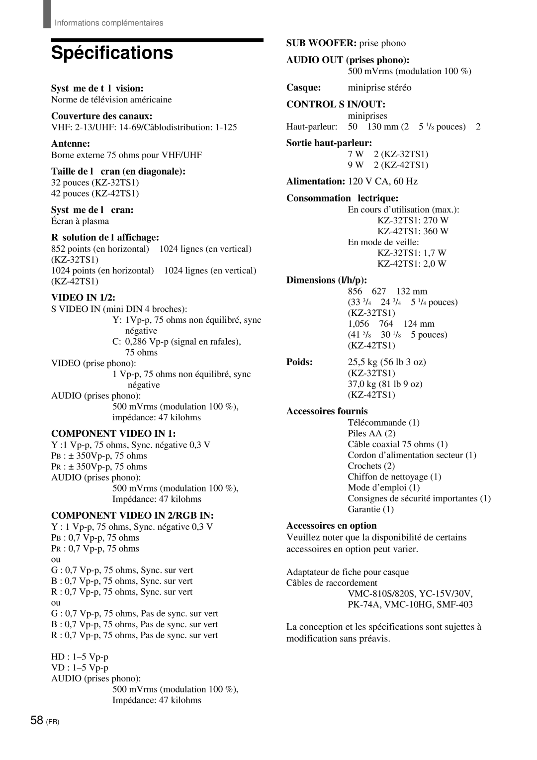 Sony KZ 42TS1, KZ-32TS1 manual Spé cifications 