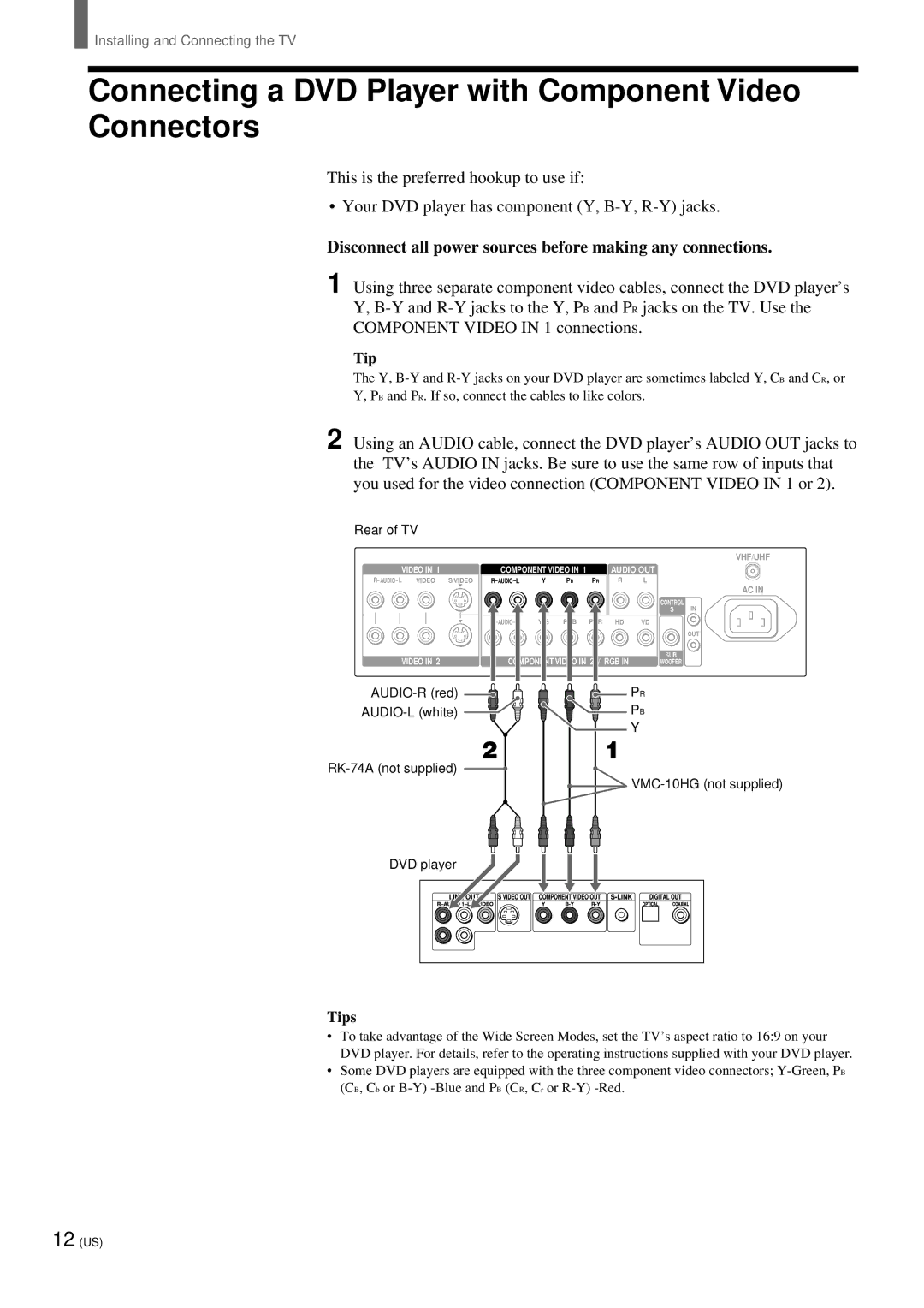 Sony KZ 42TS1, KZ-32TS1 manual Connecting a DVD Player with Component Video Connectors 