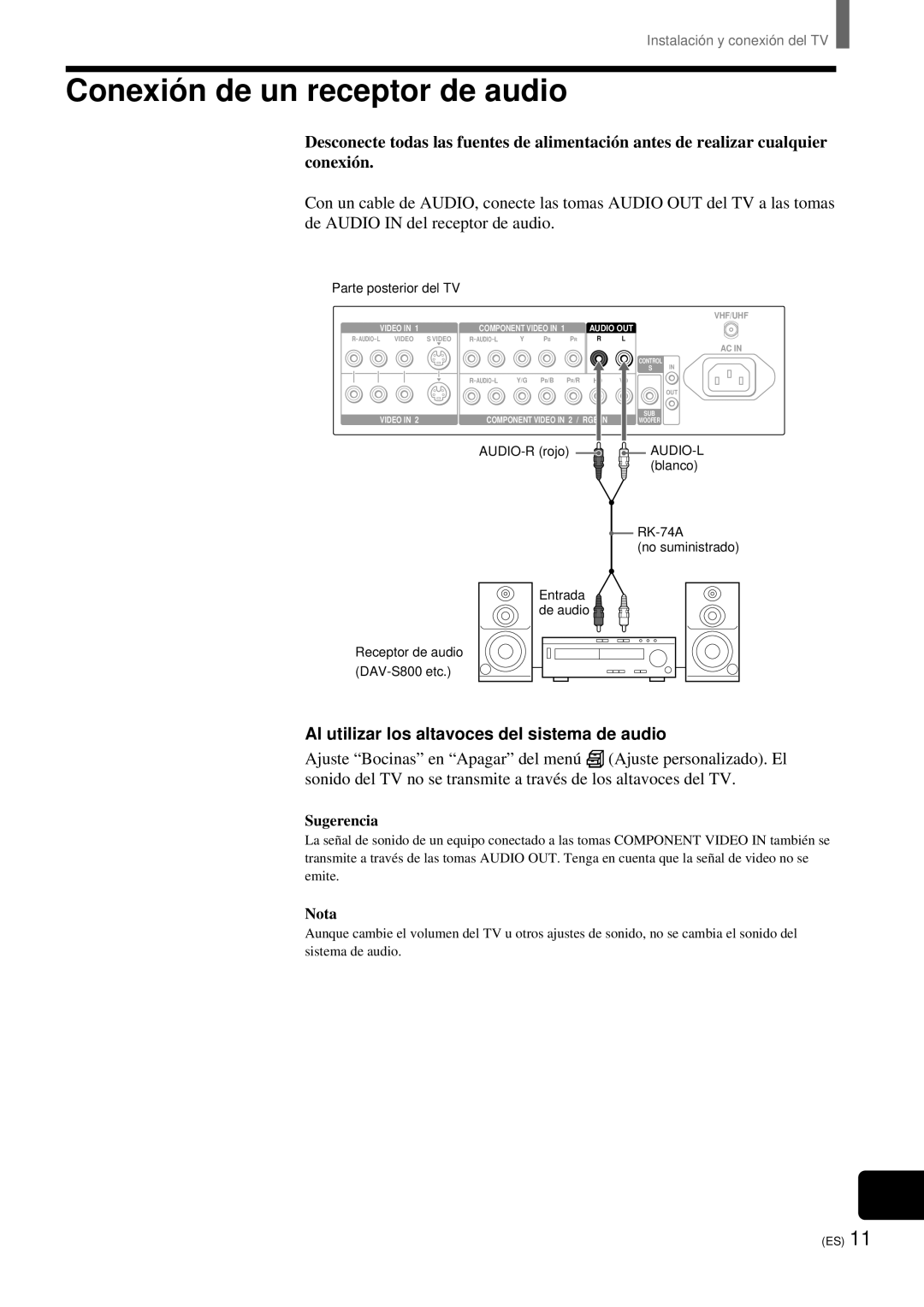 Sony KZ-32TS1, KZ 42TS1 manual Conexió n de un receptor de audio, Al utilizar los altavoces del sistema de audio 