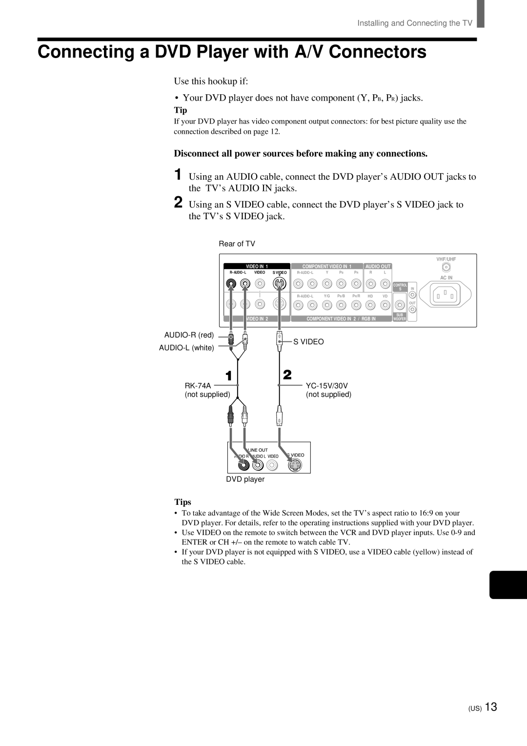 Sony KZ-32TS1, KZ 42TS1 manual Connecting a DVD Player with A/V Connectors 