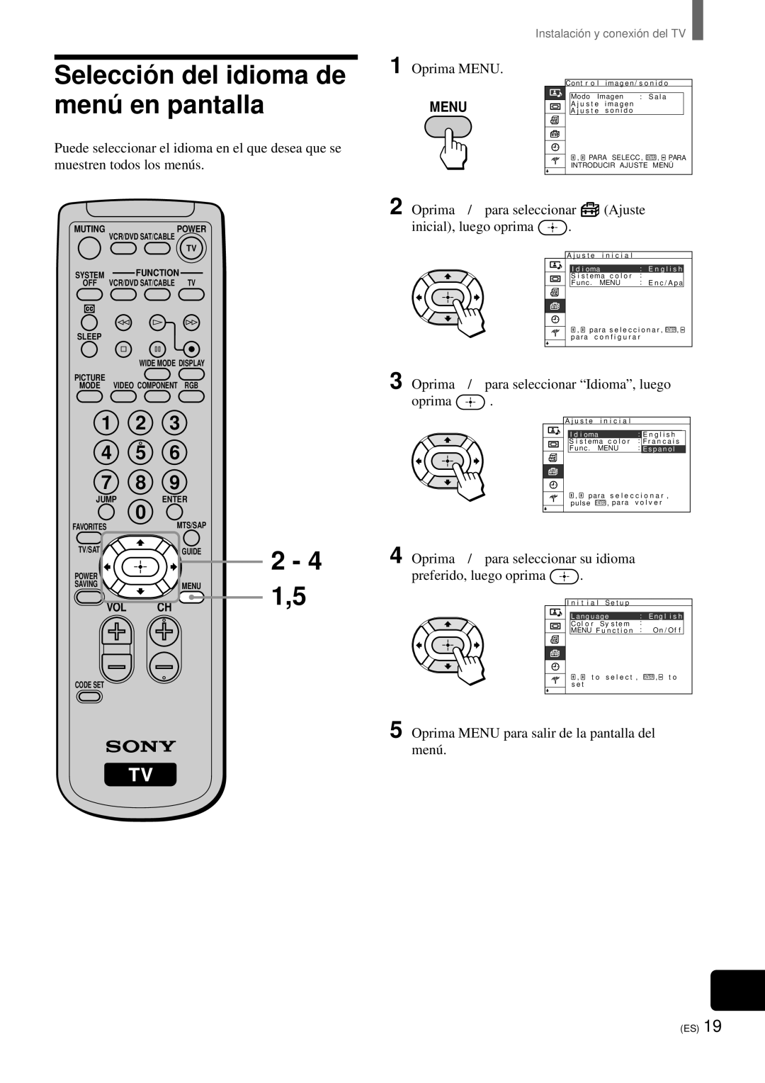 Sony KZ-32TS1 manual Selecció n del idioma de menú en pantalla, Oprima V/v para seleccionar Ajuste Inicial, luego oprima 