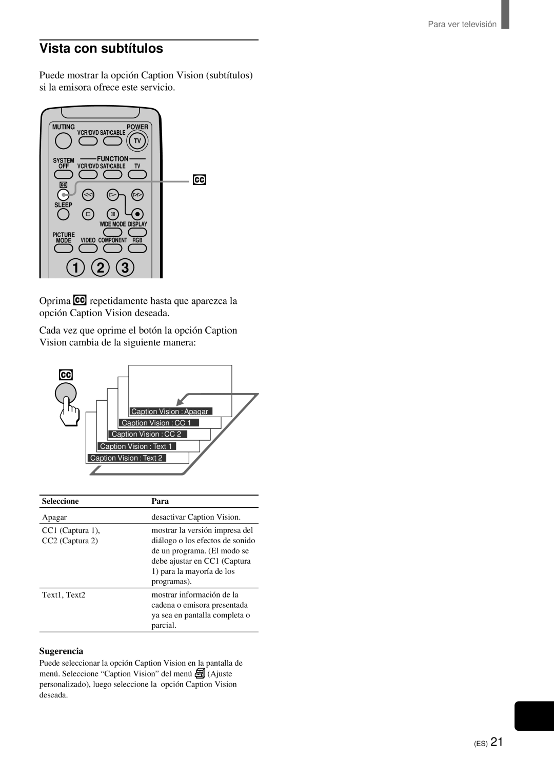 Sony KZ-32TS1, KZ 42TS1 manual Vista con subtítulos, Seleccione Para 