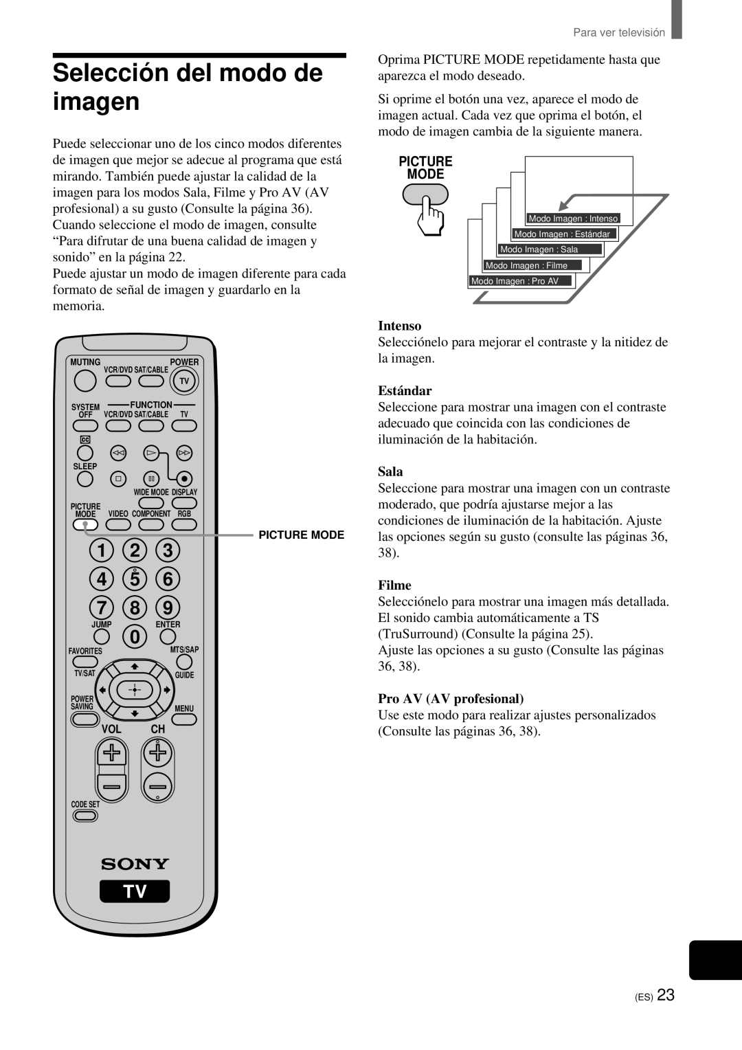 Sony KZ-32TS1, KZ 42TS1 manual Selecció n del modo de imagen 