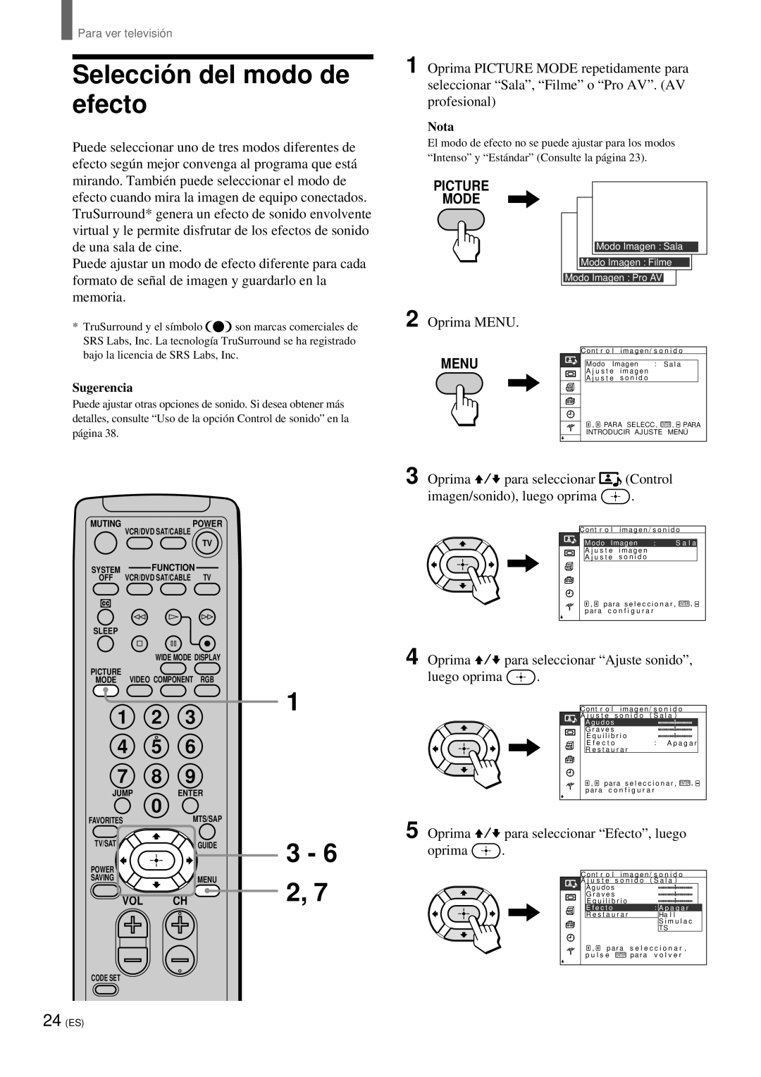 Sony KZ 42TS1, KZ-32TS1 manual Selecció n del modo de efecto, Oprima V/v para seleccionar Ajuste sonido Luego oprima 