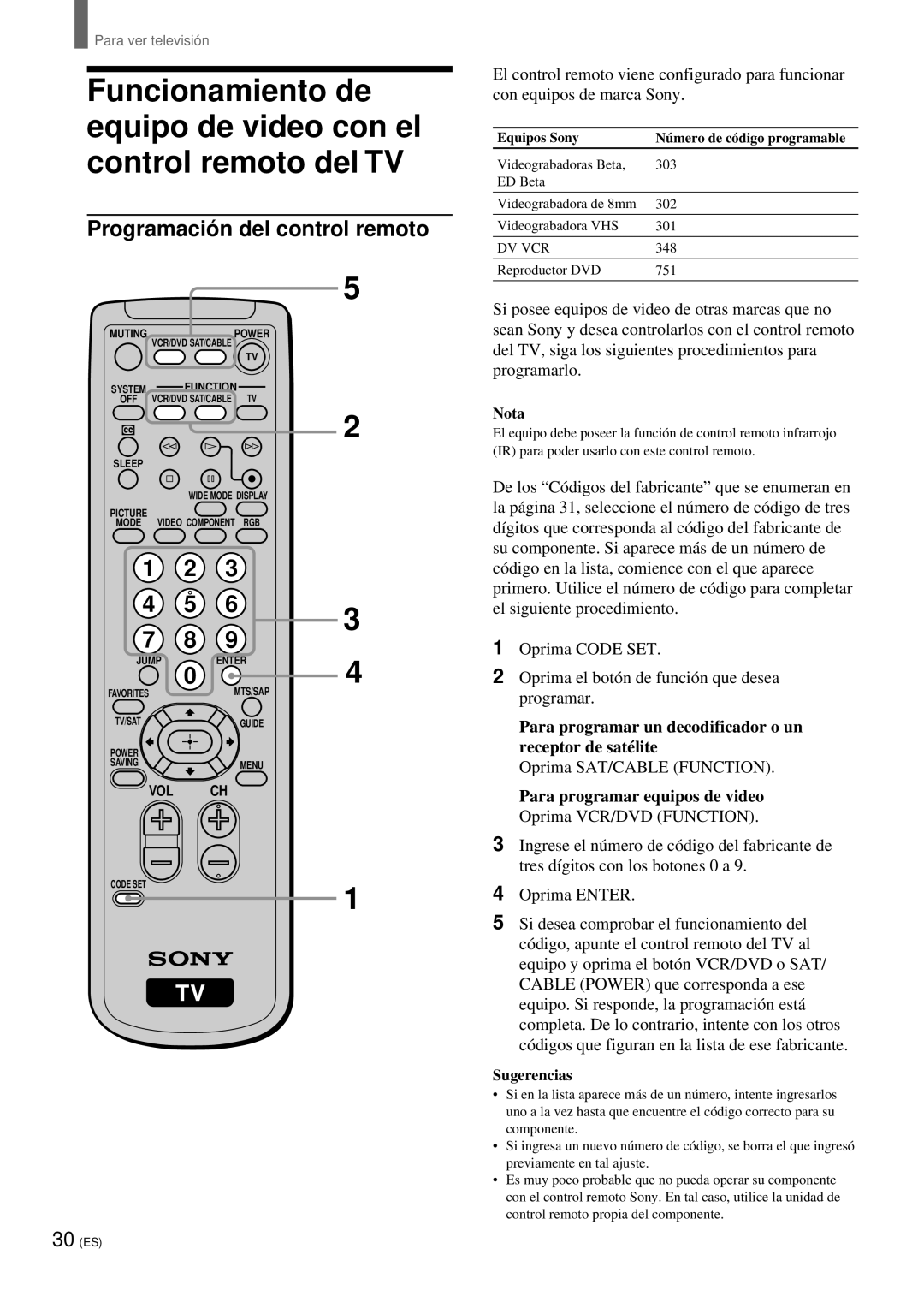 Sony KZ 42TS1, KZ-32TS1 manual Programació n del control remoto, Para programar un decodificador o un receptor de satélite 