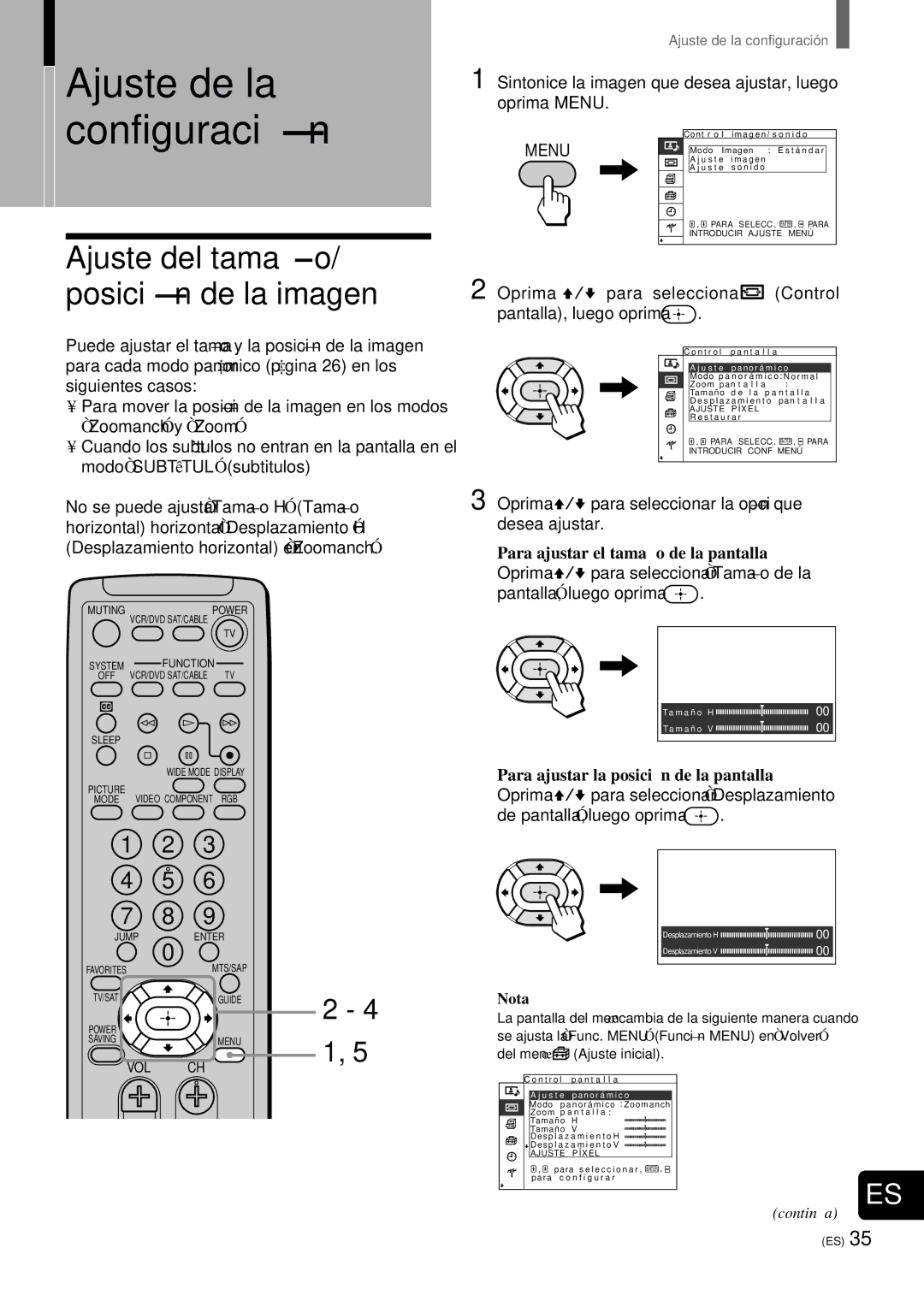 Sony KZ-32TS1, KZ 42TS1 manual Ajuste del tamañ o/ posició n de la imagen, Para ajustar el tamañ o de la pantalla 