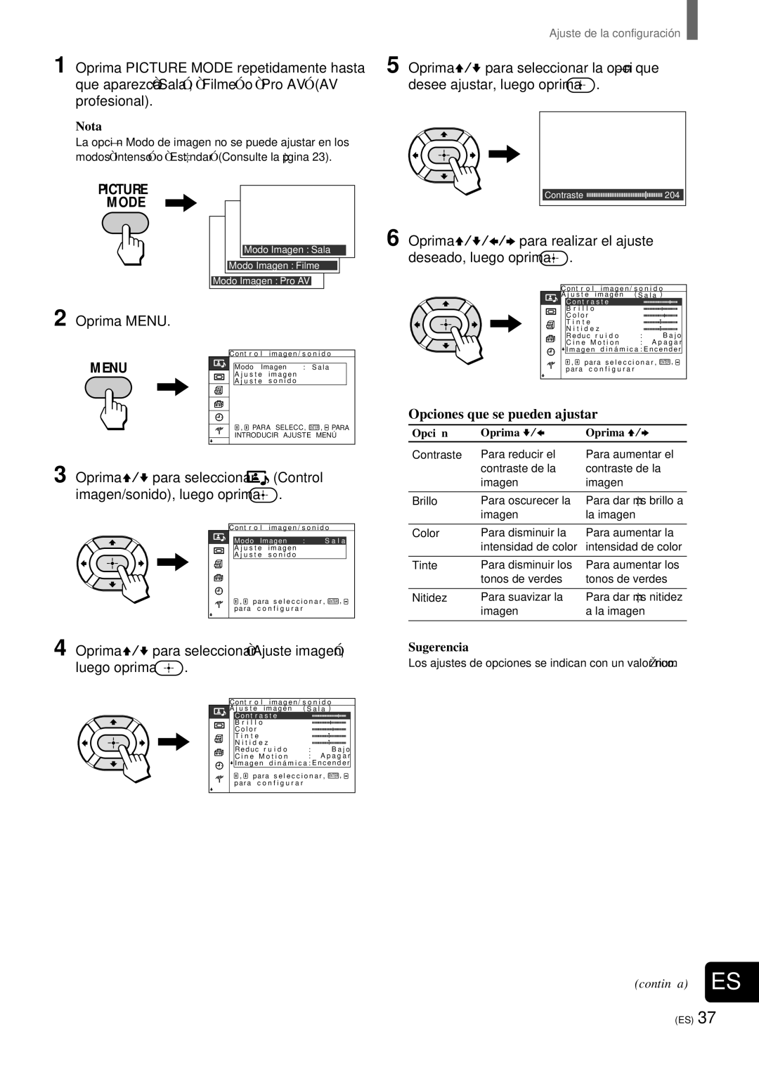 Sony KZ-32TS1 manual Opciones que se pueden ajustar, Oprima V/v para seleccionar Ajuste imagen Luego oprima, N t r a s t e 