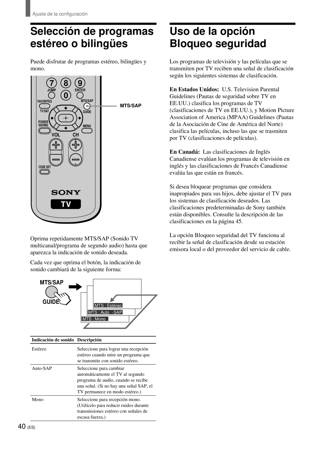 Sony KZ 42TS1, KZ-32TS1 manual Selecció n de programas esté reo o bilingü es, Uso de la opció n Bloqueo seguridad 