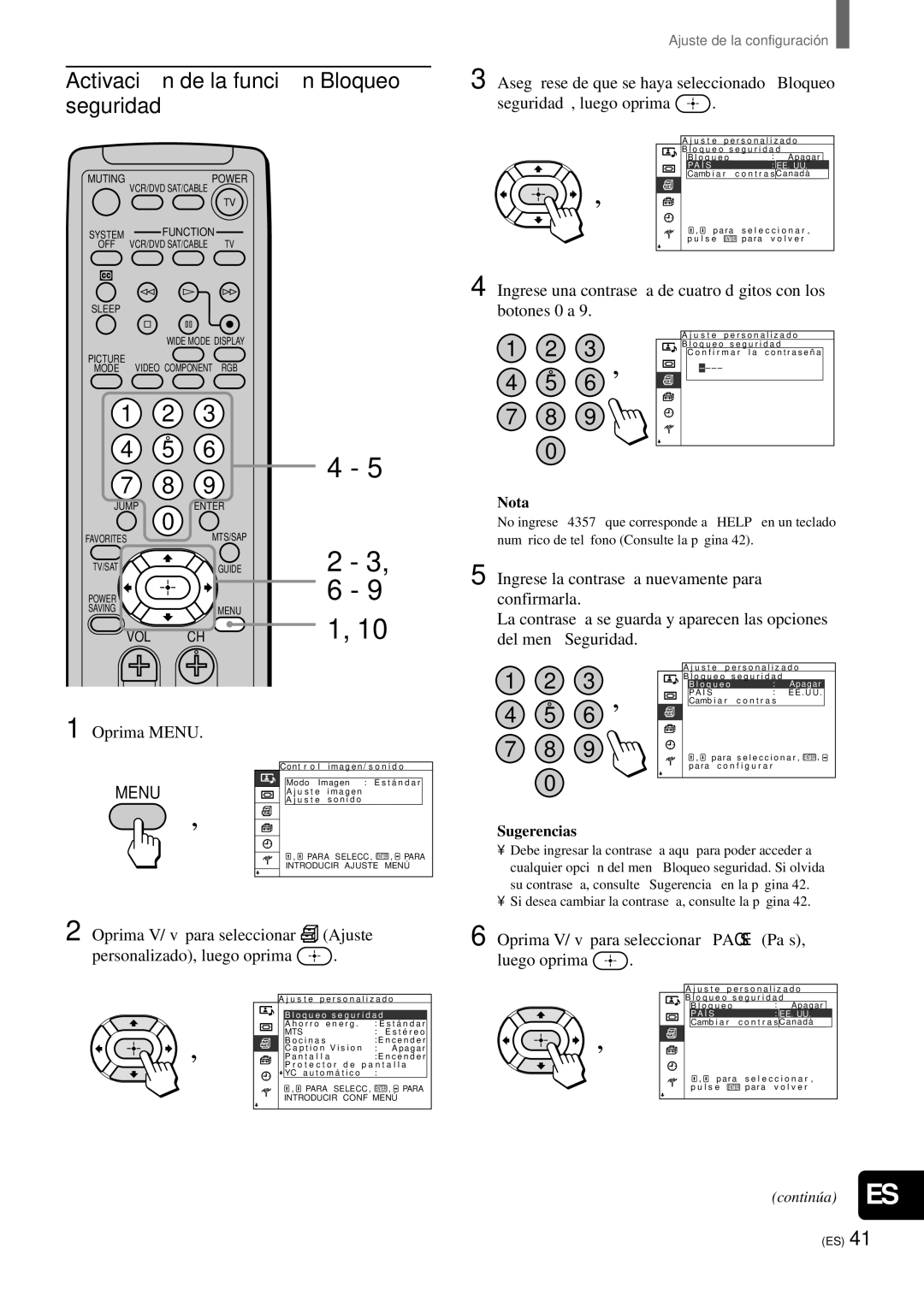 Sony KZ-32TS1, KZ 42TS1 Activació n de la funció n Bloqueo seguridad, Oprima V/v para seleccionar País País Luego oprima 