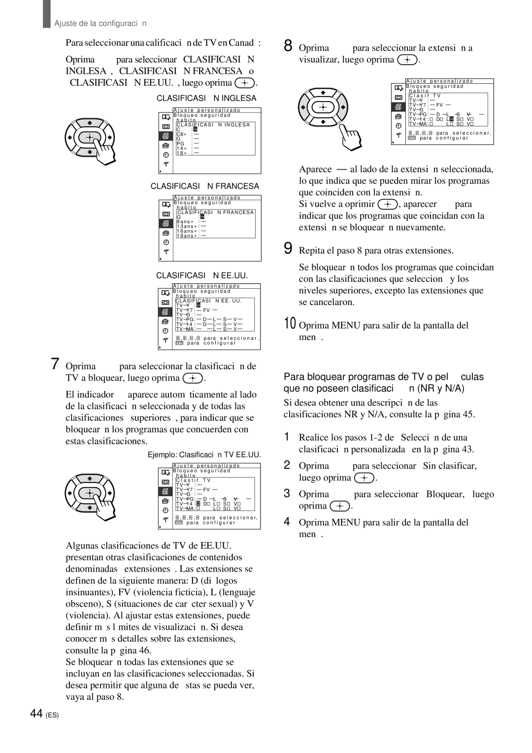 Sony KZ 42TS1, KZ-32TS1 manual Clasificasió N EE.UU., luego oprima, Clasificasió N Inglesa 