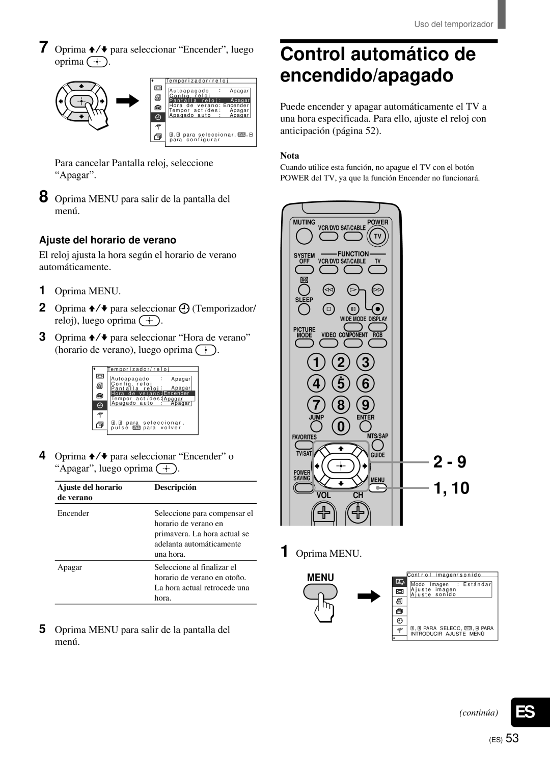 Sony KZ-32TS1, KZ 42TS1 manual Control automá tico de encendido/apagado, Ajuste del horario de verano 