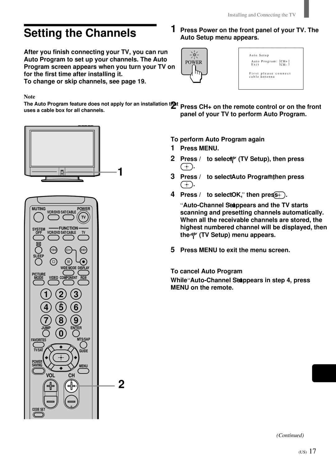 Sony KZ-32TS1, KZ 42TS1 manual Setting the Channels, To perform Auto Program again, To cancel Auto Program 