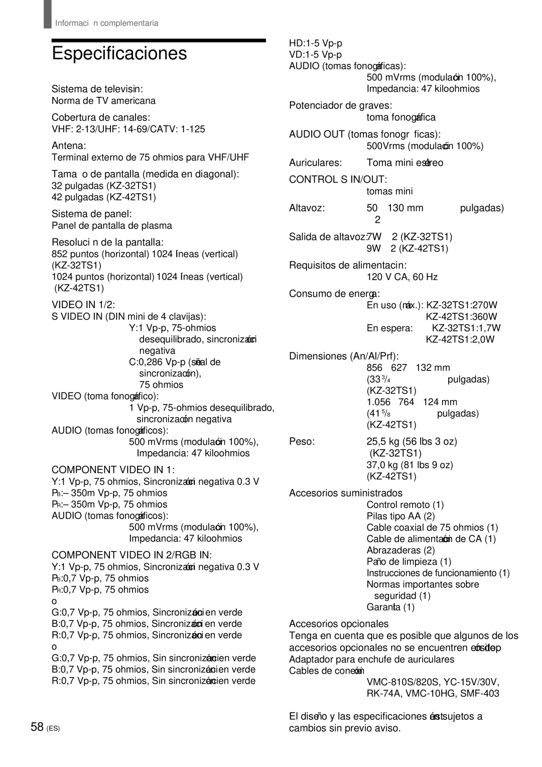 Sony KZ 42TS1, KZ-32TS1 manual Especificaciones 