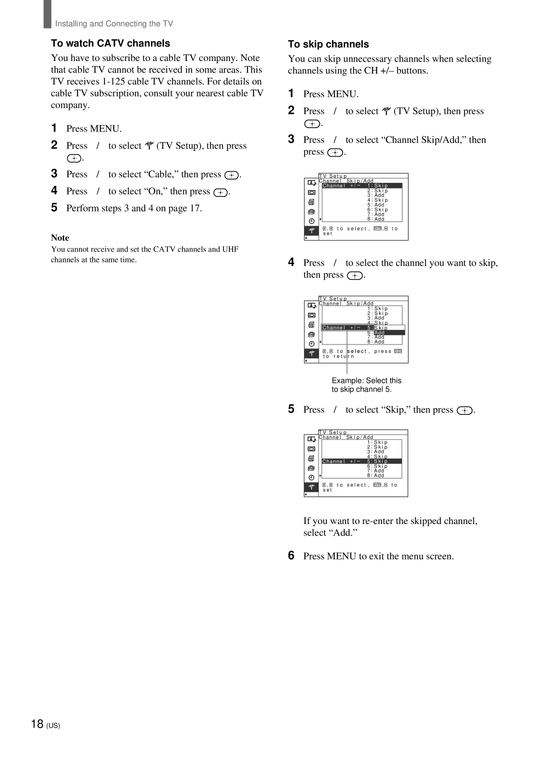 Sony KZ 42TS1 manual To watch Catv channels, To skip channels, Press V/v to select the channel you want to skip Then press 